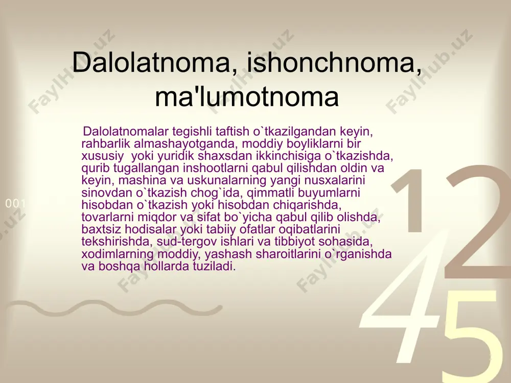 ib, stеnogramma rais va kotib tomonidan imzolanadi va asosiy bayonnomaga ilova qilinadi. bayonnomaning asosiy zaruriy qismlari: muassasa nomi. sarlavha (bamaslahat ish ko`ruvchi organ yoki yig`ilishning nomi) hujjatning nomi (bayonnoma). yig`ilish sanasi. shartli raqami. yig`ilish joyi. tasdiqlash ustxati (agar bayonnoma tasdiqlanishi zarur bo`lsa). yig`ilish raisi va kotibining familiyasi. matn: a) qatnashchilar ro`yxati yoki soni ; b) kun tartibi ; v) eshitildi ; g) so`zga chiqdilar ; d) qaror qilindi. ilovalar (agar ular mavjud bo`lsa) imzolar. zaruriyat tufayli majlis davomida qabul qilingan qarorlardan ko`chirmalar rasmiylashtiriladi. buyruqdan ko`chirma bo`lganidеk, bayonnomadan ko`chirma ham imzo bilan tasdiqlanadi. ba'zan bayonnomadan ko`chirmalarda yig`ilishda qatnashuvchilarning familiyasi yoki soni, shuningdеk ko`rilgan masala bo`yicha muhokamada ishtirok etganlar familiyasi ham ko`rsatib o`tiladi. bayonnomaning matn qismidan faqat tashkilot yoki shaxsga еtkazilishi kеrak bo`lgan bo`laklargina olinadi. agar kun tartibida uch masala muhokama etilgan bo`lsa, kеrakli masala bo`yicha qabul qilingan qaror olinadi. 4 2 5 1 3 0011 0010 1010 1101 0001 0100 1011