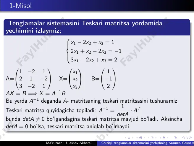 yechishning kramer, gauss va matritsa usullari. 15 / 26 chiziqli tenglamalar sistemasini yechishning gauss usuli bizga bir xil tartibli ikkita chiziqli tenglamalar sistemasi berilgan bo‘lsin: n∑ k=1 aikxk = bi , i = 1,m (6) va n∑ k=1 cikxk = di , i = 1,m (7) 1-ta’rif. agar (6) sistemaning ixtiyoriy ikkita tenglamasini o‘rinlari almashtirish natijasida (7) sistema hosil qilinsa, (7) sistemani (6) dan i -tur elementar almashtirish natijasida hosil qilingan deyiladi. ma’ruzachi: ulashov akbarali chiziqli tenglamalar sistemasini yechishning kramer, gauss va matritsa usullari. 16 / 26 2-ta’rif. agar (6) sistemaning biror tenglamasini biror songa ko‘paytirib, boshqa biror tenglamasiga qo‘shish natijasida (7) sistema hosil qilinsa, (7) sistema (6) sistemadan ii -tur elementar almashtirish natijasida hosil qilingan deyiladi. i tur va ii tur elementar almashtirishlarni qisqacha elementar almashtirish deb yuritiladi. har bir chiziqli tenglamalar sistemasiga uning kengaytirilgan matritsasini mos qo‘ysak, u holda chiziqli tenglamalar sistemasi ustidagi elementar almashtirishlarga uning kengaytirilgan matritsasi …