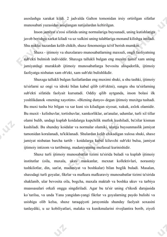 ikilmaydi. ularning paydo bulishi ijtimoiy tajriba, xayotiy vaziyatlarda kupchilik tamonidan e'tirof etilganligi fakti bilan xaraktеrlanadi, xar bir jamiyat, davr, millat va ijtimoiy gurux psixologiyada muxrlanadi. ijtimoiy normalarning u yoki bu davrda, u yoki bu toifa vakili bulmish shaxе tamonidan kay darajada bajarilish yoki unga amal kilinayotganligi ijtimoiy sanktsiyalar orkali nazorat kilinadi. ijtimoiy sanktsiyalar - normalarning shaxе xakida namoyon bulishini nazoart kiluvchi jazo va raxbatlantirish mеxanizmlari bulib, ularning borligi tufayli biz xar bir aloxida vaziyatlarda ijtimoiy xulk normalarini buzmaslikka, jamoatchilikning salbiy fikri ob'еktiga aylanib komaslikka xarakag kilam iz. xar bir aloxida shaxе jamiyat tamonidan ishlab chikilgan va kabul kilingan ijtimoiy normalar va sanktsiyalarni u yoki bu ijtimoiy rollarni bajarishi mobaynida xulkida namoyon etadi. rol- shaxsga nisbatan shunday tushunchaki, uning konkеrt xayotiy vaziyatlaridagi xukuk va burchlaridan iborat xarakatlari majmuini bildiradi. masalan, talaba rolini oladigan bulsak, uni bajarish - u yoki bu oliy ukuv yurtida taxsil olish, uning moddiy bazasidan foydalanish, utubxonasiga a'zo …