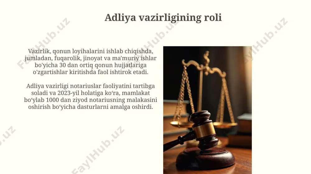 ud amaliyotini tahlil qilish uchun keng imkoniyatlar yaratadi. elektron arxivlashtirish tizimining joriy etilishi natijasida sud hujjatlariga kirish va ular bilan ishlash muddati 2 baravarga qisqardi, bu esa sud ishlarini tezlashtirishga yordam beradi. sud ekspertizasining ahamiyati sud ekspertizasi jinoyat ishlarining 70% gacha bo‘lgan qismida dalillarni aniqlash va ishonchlilik darajasini oshirishda muhim rol o‘ynaydi, bu esa adolatli hukm chiqarishga yordam beradi. sud ekspertizasining turli sohalari, jumladan, tibbiyot, moliya va texnologiya sohalarida mutaxassislarning ishtiroki, aniq va ishonchli natijalar olishni ta'minlaydi va xatolik ehtimolini 10% dan pastga tushiradi. e'tiboringiz uchun rahmat @taqdimot_robot image2.jpg image3.jpg image4.jpg image5.jpg image6.jpg image7.jpg image8.jpg image9.jpg image10.jpg image11.jpg image12.jpg image13.jpg image14.jpg image15.jpg image16.jpg image17.jpg image18.jpg