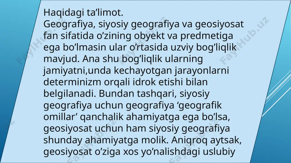 miy ishlari davlatning tarixiy va konistitutsiyaviy jihatlarini tadqiq etishga bag’ishlangan. r.chellenning f.rattsel bilan tanishish uning ijodida keskin burilishlarini yasadi. r.chellen professional geograf bo’lmasada f.rattsel ta’sirida geosiyosatda yangicha mulohazalarni o’rtaga tashay oldi. shuning uchun u f.rattselni o’zining ustozi deb bilgan. .r.chellen geosiyosatga siyosatshunoslikning muhim bir qismi sifatida qaragan. ‘buyuk kuchlar; zamonaviy katta siyosatdan ocherklar’ ‘, ‘davlat hayotining muhim shakli sifatida’ , ‘siyosiy tartiblar asoslari’ nomli asarlari olim ijodining asosini tashkil qiladi. yuqorida ta’kidlaganimizdek,’geosiyosat’ atamasi ilmiy doirada birinchi bo’lib shved olimi r.chellen tomonidan ishlatilgan. r.chellen professional geografik bo’lmagan va geosiyosatga siyosatshunoslikning muhim bir yo’nalishi sifatida qaragan. u geosiyosatga ‘borliqda geografik organizm sifatida mujasamlashgan davlatlar haqidagi fan’ tarzida ta’rif berilgan. r.chellen davlatning qudratini unda mavjud bolgan 5 ta jihat bilan bog’laydi, bular; hudud, xo’jalik, xalq, jamiyat va hokimiyat. shundan kelib chiqab davlat haqidagi fanlar ham 5ta bo’lishi kerak. ‘5ta neologizm – ‘neo’-yangi, ‘logos’- so’z yunoncha, yangi so’z yoki ibora. uningcha, bu atamalar bir …