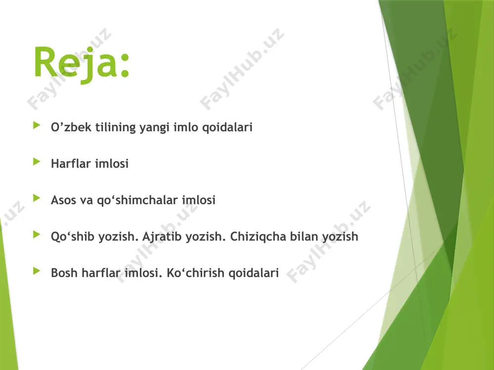 dlar). ko‘chirish qoidalari (75—82-bandlar). 1. aa harfi:1) aka, alanga, aloqa, og‘a; sentabr, noyabr kabi so‘zlarda old qator keng unlini ifodalash uchun yoziladi;2) bahor, zamon; savol, gavda; vasvasa kabi so‘zlarning oldingi bo‘g‘inida, vaqt, vahm kabi so‘zlarda a aytiladi va yoziladi.2. oo harfi:1) ona, omon, quyosh, fido, baho, xola, lotin; mukofot, mahorat kabi so‘zlarda orqa qator keng unlini ifodalash uchun yoziladi;2) boks, poyezd, tonna, talon; agronom, mikrofon; direktor, termos kabi o‘zlashma so‘zlardagi unlini ifodalash uchun yoziladi.3. ii harfi:1) ish, iz, qil; xirmon, ilhom, ikki, ixtisos, shoyi, tulki; volida, piramida; bilan, biroq, sira, qishloq, chiroq kabi so‘zlarda old qator tor unlini ifodalash uchun yoziladi;2) o‘tin, o‘rik, bo‘lim kabi oldingi bo‘g‘inida o‘ unlisi keladigan so‘zlarning keyingi bo‘g‘inida i aytiladi va yoziladi. 4. uu harfi:1) uy, kun; buzoq, buloq, buxoro; butun, uchuq, usul, yulduz; mafkura; ko‘zgu, uyqu; aluminiy, yubiley kabi so‘zlarda orqa qator tor unlini ifodalash uchun yoziladi;2) qovun, sovun, tovush, yovuz, qirg‘ovul, chirmovuq kabi …