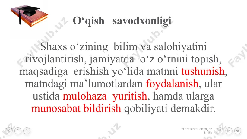 ” in well, maybe not exactly… 1 i9 presentation to joe smith ‹#› uyg‘unlashtirish (o‘zaro bog‘lash) jumlalarni yoki kichik matnlarning so‘zma-so‘z ma’nosini anglash, jumlalardagi yoki butun bir matndagi ma’lumotlarni birlashtirishni nazarda tutadi. ba’zida xulosa chiqarish uchun ikki yoki undan ortiq matndagi ma’lumotlarni birlashtirish kerak bo‘ladi. “matnning asosiy ma’nosini toping”, “xulosa chiqaring”, “matnga sarlavha qo‘ying” kabi vazifalar ushbu kategoriyaga kiradi. 3 2 1 i9 presentation to joe smith ‹#› ma’lumotlarni talqin qilish va uyg‘unlashtirish gazetadagi maqola matnida qahramonga tavsif beruvchi jumla keltirilgan. topshiriq: qahramon xarakterining aynan mana shu xusu-siyatlarini tasdiqlovchi ikkita sababni keltiring quyida maqolada ko‘tari- layotgan muammo yechi-miga doir qarashlarning biri keltirilgan. topshiriq: ikkita matnda berilgan ma’lumotlardan foydalanib fikr bildirgan muallif nimani nazarda tutayotganini aniqlang. 1-matn:ilmiy ommabop maqola 2-matn : gazetadagi maqola i9 presentation to joe smith ‹#› 10 baholash va mulohaza yuritish i9 presentation to joe smith ‹#› baholash mulohaza yuritish shakl va mazmun haqida ular bilan ishlash tafovutlarni …