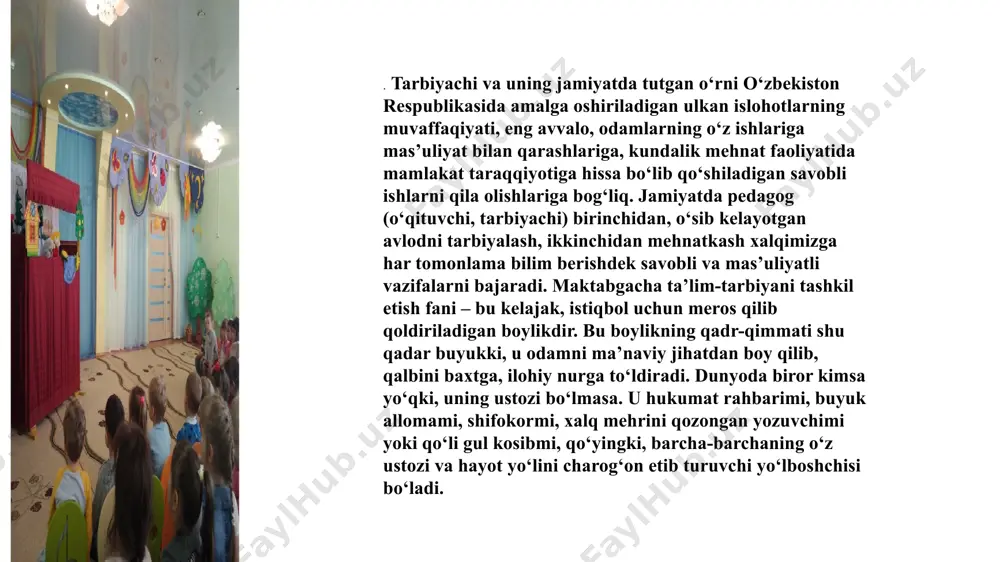 anish; – o‘z-o‘zini boshqarishning turli shakllaridan unumli foydalanish; – har bir o‘quvchining yashirin ijobiy fazilatlarini ko‘ra olish va takomillashtirish; – o‘quvchilarning ijtimoiy kelib chiqishiga qarab toifalarga ajramaslik, bir xil munosabatda bo‘lish. pedagog - tarbiyachi shaxsini shakllantirish tarbiyachi maktabgacha yoshidagi bolalarga tabiat, jamiyat hodisalari, kattalarning mehnati haqida boshlang‘ich bilim va tushunchalar beradi, ularga madaniy axloq, o‘z tengdoshlari va kattalar bilan madaniyatli manosabatda bo‘lish odatlarini singdiradi, yaxshilik, haqiqatgo‘ylik, adolat, jasurlik, kamtarinlik, kattalarga hurmat bilan qarash, tabiatga qiziqish, kuzatuvchanlik, o‘simlik va hayvonlarga g‘amxo‘rlik bilan qarash, mehnatsevarlik, kattalar mehnati natijalarini asrab-avaylash kabi axloqiy sifatlar tarbiyalaydi. xalq san’ati, musiqa, ashula, adabiyot, tasviriy san’atni bilish, san’atga muhabbat tarbiyachini madaniyatli qiladi, bolalar bilan olib boradigan ishida yordam beradi. pedagog kerakli bilim, malaka va ko‘nikmalarni ma’lum bir izchillik bilan egallab borsagina bolalarni tarbiyalash va ularga ta’lim berish ishida yaxshi natijalarga erishadi.; tarbiyachi o‘z kasbining mohir ustasi bo‘lish uchun maxsus tayyorgarlik ko‘rishi kerak. u quyidagi shartlarga amal qilishi kerak: …