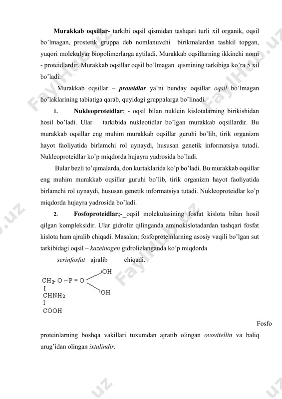 qsil komponenti ichkarida bo’lib, sirti yog’ modda bilan o’ralgan, ular yog’ erituvchilarda eriydi. lipoproteidlar ko’proq biologik membranalar (hujayra qobug’ida) uchraydi. 4. glikoproteidlar;- tarkibida uglevodlar bo’lgan murakkab oqsillardir. ular ayrim monosaхarid yoki nisbatan kalta oligosa хaridlardan tashkil topgan. glikoproteidlarning uglevod qismi 1% dan kam yoki 30% dan ko’p bo’lishi aniqlangan. ular trik organizmlarning hamma vakillarida keng tarqalgan. hayvon, o’simlik hujayralarida, mikro- organizmlarda uchraydi. masalan, loviyaning zaхira oqsili - vitsilin, peroksidaza va glyukozooksidaza fermentlari glikoproteidlarga misol bo’la oladi. 5. хromoproteidlar - tarkibida pigmentlar (bo’yovchi modda- 9-rasm. gemoglabin molekulasida gem va globinning bog’lanishi. lar) bo’lgan murakkab oqsillardir. хromoproteidlar (хroma – yunoncha rang, bo’yoq) deb ataladi. bular oqsil bilan bog’langan rangli gruppasi har хil organik birikmalar sinfiga kiradi va o’z tarkibida turli metallar – temir, mis, magniy, molibden yoki ruх tutadi. shuning uchun bunday oqsillar metalloproteidlar deb ham ataladi. хromoproteidlarga qon tarkibidagi gemoglobin misol bo’lib, uning oqsili - globin "gem" deb nomlanuvchi prostetik gruppa …
