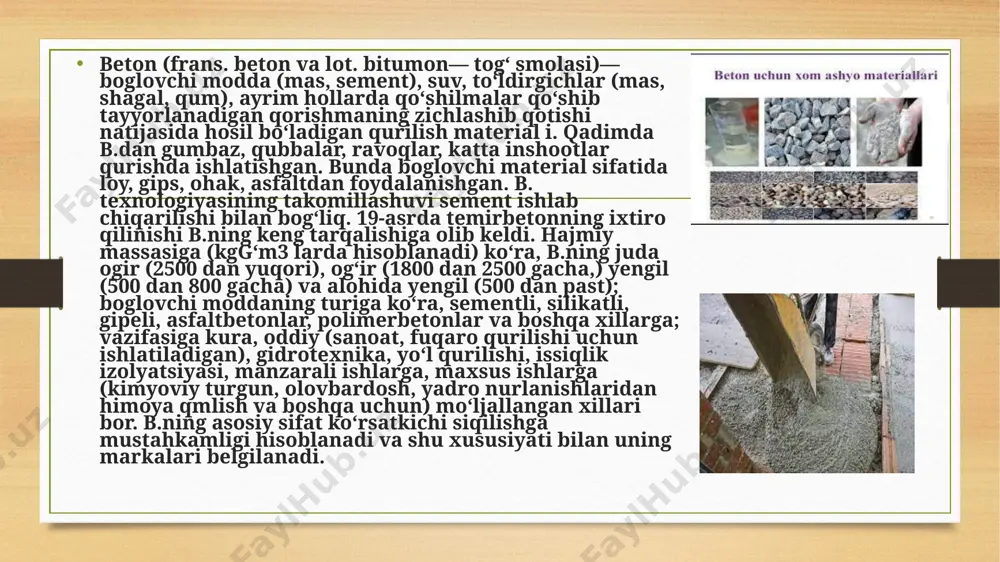 , m70-m100 beton markasi yupqa qatlamlar beton yuzadan ta'sirlanganda ajratilgan taqdirda, beton darajasi m100 - m200 oralig'ida bo'ladi. beton markasi m200 yoki undan yuqori, agar chisel juda sayoz iz qoldirsa yoki u umuman yo'q bo'lsa va delaminatsiyalar bo'lmasa. qattiqlashtirilgan betonning sifat ko'rsatkichlariga tarkibiy materiallarning xususiyatlari va ko'rsatkichlari ta'sir qiladi. shuning uchun betonning sifatini aniqlash bo'yicha chora-tadbirlar amalga oshiriladi quyidagi hududlar ishlari: betonning barcha komponentlarini dozalashda; beton aralashmani aralashtirish paytida; eritmani quyish va siqish paytida; tugatish paytida tayyor mahsulot ishlab chiqilgan loyihalarga muvofiq. betonning mustahkamligini aniqlashning 3 ta tasdiqlangan usuli! binoni qurishda betonning mustahkamligini aniqlashga alohida e'tibor berilishi kerak. hisob-kitoblar, o'lchovlar sifat jihatidan amalga oshirilishi kerak, shunda binoning xizmat qilish muddati va boshqa ba'zi parametrlarni taxminan aniqlash mumkin bo'ladi. fanda "kuch" so'zi materialning mexanik shikastlanishga chidamliligi deb ta'riflanadi. standartlarda va sanitariya qoidalarida ko'rsatilgan kuch standartlari mavjud. laboratoriyada sinov namunasini o'lchashdan tashqari, agar mavjud bo'lsa, farqni aniqlash va agar biron bir sababga …