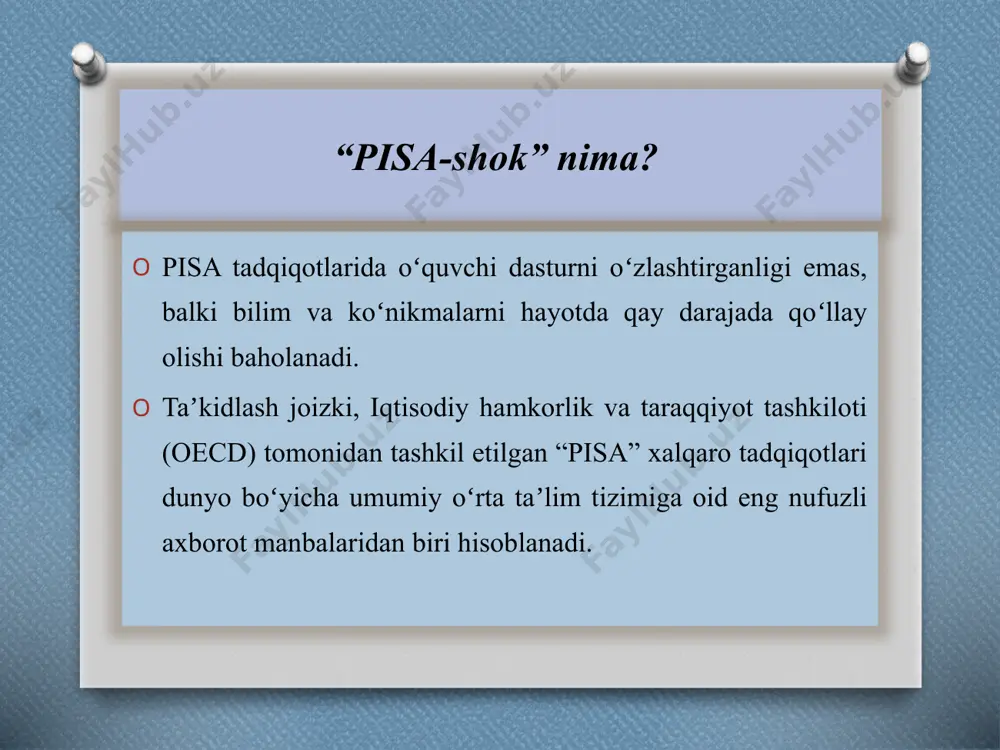 adqiqotidagi natijalari, “pisa-shok” dasturi va davlat taʼlim siyosati, “pisa” tadqiqotining milliy taʼlim tizimiga taʼsiri haqida maʼlumot berar ekan, ushbu tadqiqotning bosh maqsadi haqida shunday degan: “pisa”– bu avvalo iqtisodiy loyiha. yaʼni mamlakatda kelajakda iqtisod rivojlanishi uchun hozirgi taʼlimning holati inobatga olinadi. bunda oʻn, yigirma va oʻttiz yillardan keyin hozirgi avlod bilan davlat qanday natijalarga erishadi. kelgusida aholi soni oshib borishi, yer resurslari kamayib borishiga hozirgi oʻquvchilarimiz qay tarzda moslasha olishi, muammoli vaziyatlardan chiqish boʻyicha oʻz bilim va koʻnikmalarni qay tarzda qoʻllay olishi baholandi” germaniya tajribasi bilan tanishgan oʻqituvchilar vebinar oʻtkazilayotgan dasturning muhokama guruhiga mavzu boʻyicha oʻz savollarini hamda fikr-mulohazalarini yuborishdi. xususan, oʻqituvchilar germaniyada oʻqituvchilarning malaka oshirish tizimi qanday yoʻlga qoʻyilgani va uning samaradorligi, sinflarda oʻquvchilar soni, oʻquvchilarni maktabdagi vazifalarni bajarishda ota-onalarning roli, oʻquv adabiyotlarining xilma-xilligi bilan qiziqdilar. shuningdek, ishtirokchi pedagoglar savollarga berilgan javoblardan kelib chiqib yurtimizda xalqaro tadqiqotlarga tayyorgarlik toʻsqinlik qilayotgan muammolar sifati malaka oshirish tizimi samarali yoʻlga qoʻyilmagani, oʻquv …