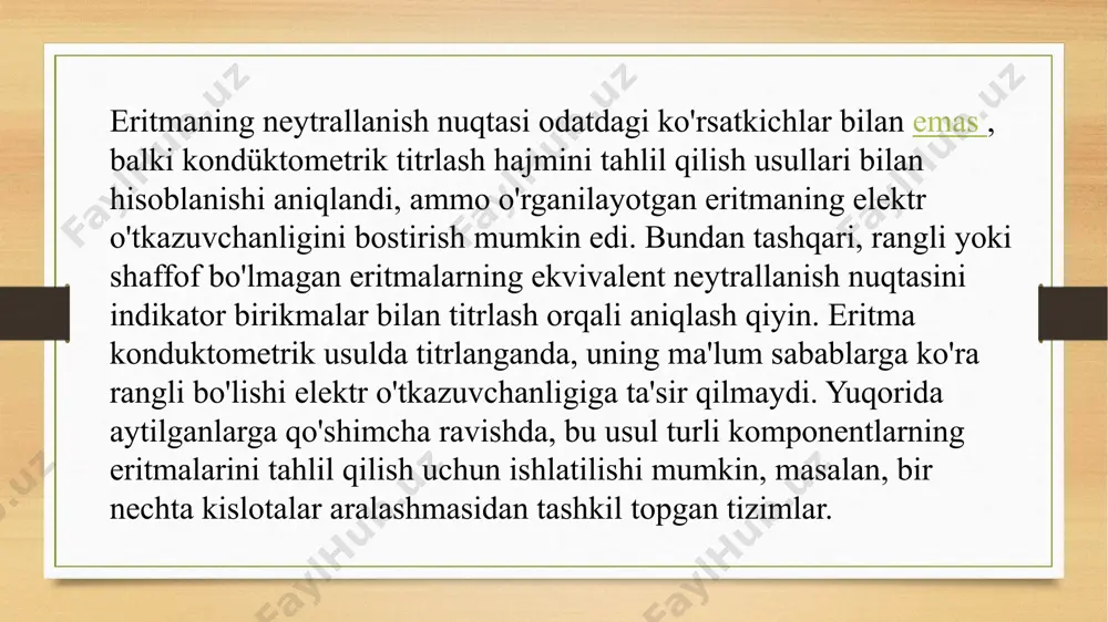 qiluvchining tabiati polarografiyaning oqim-g'ovak chizig'i bilan aniq ko'rsatilgan. oʻlchov asboblari — belgilangan diapazonda oʻlchangan fizik miqdorning qiymatlarini olish uchun moʻljallangan oʻlchov vositasi. koʻpincha oʻlchash moslamasi operatorning toʻgʻridan-toʻgʻri idrok etishi mumkin boʻlgan shaklda oʻlchash maʼlumotlarining signalini yaratish uchun oʻlchov vositasidir. oʻlchov vositasi — normallashtirilgan metrologik xususiyatlarga ega boʻlgan, oʻlchami maʼlum vaqt oraligʻida oʻzgarmagan holda (belgilangan xatolik doirasida) olinadigan fizik miqdor birligini takrorlaydigan va (yoki) saqlaydigan oʻlchovlar uchun moʻljallangan texnik vosita.toʻgʻridan-toʻgʻri (bevosita) ishlaydigan va taqqoslash (bilvosita) oʻlchov asboblari oʻrtasida ham farq mavjud. polarografik tahlil usuli. demak, elektrokimyoviy tahlil usullaridan elektr razryadlari bilan bog’liq konduktometrik tahlil va skalyar potentsiallarni aniqlash bilan bog’liq potensiometriyani bilamiz. elektrokimyoviy tahlil poligrafiya deb ataladi.suyultirish kuchini o'rganish uchun polarografik usul qo'llaniladi. shunday qilib, agar tizim potensiometriyada sirt oqimi bilan ta'minlanmagan bo'lsa , poligrafiyada sirt oqimini ta'minlash kerak. na2so4 kabi i guruh metallarining yaxshi eriydigan tuzlaridan foydalanish mumkin . agar kuchlanishni voltmetr bilan kuchlanishni o'zgartirib (qarshilik bo'yicha) o'lchasak, milliampermetrning o'zgarishi …