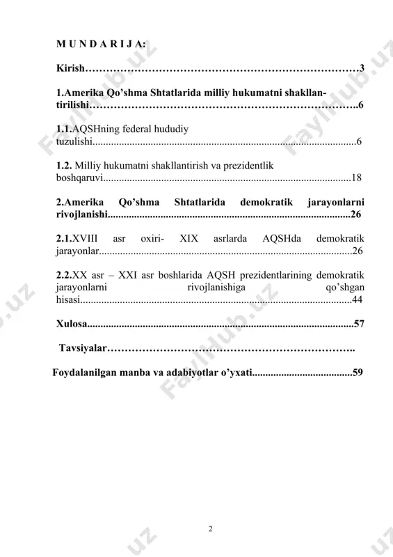 o’zgarishlarni harakatga keltiruvchi kuchdir.” shu ma`noda ushbu bitiruv – malakaviy ishininmg doilzarbligi quyidagicha izohlanadi: birinchidan, aqshning federal hududiy tuzulishi jarayoni davlatining rivojlanishida muhim manba hisoblanadi. ikkinchidan: milliy hukumatni shakllantirish va prezidentlik boshqaruvi mamlakatning milliy mustaqilligini mustahkamlshda asosiy rol o’ynagan: uchinchidan: xvii asr oxiri –xix asrlarda aqshda demokratik jarayonlarning yuksalishi muhim ahamiyat kasb etadi. to`rtinchidan: xx asr – xxi asrlarda aqsh prezidentlarining demokratik jarayonlarni rivojlanishiga qo’shgan hissasi mamlakatni ravnaq topishida muhim rol o`ynaydi: bitiruv – malakaviy ishning maqsad va vazifalari. mazkur ishning maqsadi amerika qushma shtatlarining prezidaentlari tarixini mavjud manba va adabiyotlar asosida qiyos,tahlil asosida yoritib berish. ishdagi asosiy bosh maqsaddan kelib chiqib quyidagi vazifalar belgilab olindi: -- aqshning federal hududiy tuzulishi jarayonini yoritib berish: -- milliy hukumatni shakllantirish va prezidentlik boshqaruvinig o`ziuga xos hususiyatlarini ochib berish: — xvii asr oxiri –xix asrlarda aqshda demokratik jarayonlarining yuksalishi ni ko`rsatib berish: -- xx asr – xxi asrlarda aqsh prezidentlarining demokratik jarayonlarni rivojlanishiga …