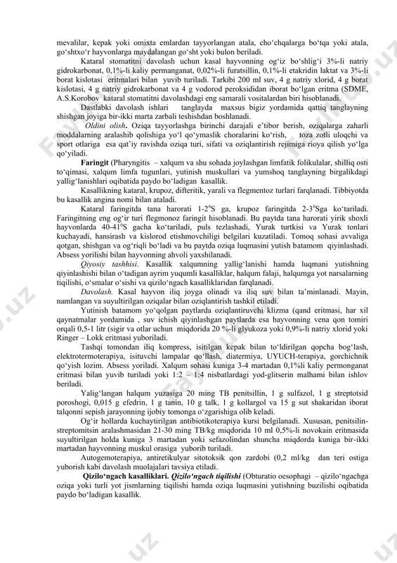 n kasallik. kasallikning kataral, aftali, yarali, difteritik, flegmonoz, o‘choqli va diffuz turlari farqlanadi. sabablari. birlamchi kataral stomatitlar odatda turli xil mexanik, termik, kimyoviy, biologik va boshqa omillar ta’sirida kelib chiqadi. zaharli ximikatlar, ishqor yoki kislotalar, shuningdek, so‘ndirilmagan xlorli ohak kabi moddalar noto‘g‘ri saqlangan va oziqalarga aralashib qolgan paytlarda bir vaqtning o‘zida ko‘p sonli hayvonlarning stomatit bilan kasallanish holllari kuzatilishi mumkin. hayvonlarga tarkibida zaharli o‘tlar aralashgan oziqalarning berilishi ham stomatitlarga sabab bo‘lishi mumkin. birlamchi stomatitlarning qoramollarda “qilov” va “oqsim”, otlarda esa “tanglay” kabi mahalliy nomlar bilan ataladigan turlari ko‘p uchraydi. ikkilamchi stomatitlar oqsil, xavfli kataral isitma, chechak kabi yuqumli kasalliklar paytida, tomoq va halqumning yallig‘lanishi, oshqozon oldi bo‘limlari gipo va atoniyasi, gastrit, gastroenterit va ayrim septik jarayonlar paytlarida ularning asorati sifatida kuzatiladi. belgilari. kataral stomatit (“og‘iz o‘yilishi” paytida asal hayvonning og‘zidan qo‘lansa yoki chirigan hid keladi. oziqa qabul qilish va luqmani yutishda bezovtalanish belgilari kuzatiladi yoki hayvon oziqa iste’mol qilishdan butunlay …