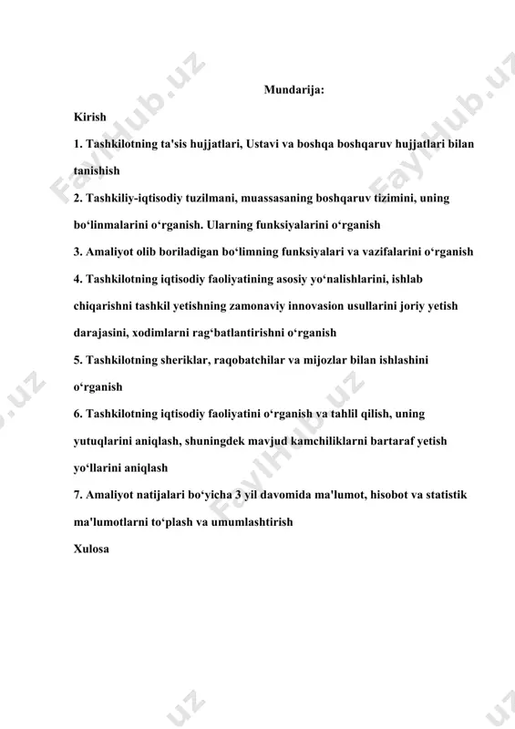 ga sifatli va shaffof xizmat ko‘rsatish imkoniyati yaratildi. toshkent shahar boshqarmasi tarkibida faoliyat yuritayotgan yunusobod tuman inson ijtimoiy xizmatlar markazi – agentlikning tuman darajasidagi muhim bo‘g‘ini sifatida, aholining ijtimoiy himoyaga muhtoj qatlamlariga manzilli yordam ko‘rsatish, ularning ehtiyojlarini aniqlash, zarur xizmatlar bilan ta’minlash hamda ijtimoiy xizmatlarning raqamlashtirilgan tizimini yo‘lga qo‘yishda muhim rol o‘ynamoqda. markazning faoliyati orqali ijtimoiy yordamga muhtoj fuqarolarning farovonligi, jamiyatdagi barqarorlik hamda davlat va fuqarolik jamiyati institutlari o‘rtasidagi aloqalar mustahkamlanmoqda. mazkur ishda yunusobod tuman inson ijtimoiy xizmatlar markazi faoliyati, uning tashkiliy tuzilmasi, amalga oshirilayotgan xizmatlar, muammolar va istiqbolli yo‘nalishlar atroflicha o‘rganilib, amaliy tavsiyalar ishlab chiqiladi. shuningdek, ijtimoiy xizmatlar samaradorligini oshirish bo‘yicha ilg‘or tajribalar tahlil qilinadi. 1. tashkilotning ta'sis hujjatlari, ustavi va boshqa boshqaruv hujjatlari bilan tanishish aholining kam ta'minlangan va zaif qatlamlarini ijtimoiy yordam tizimiga kiritish va ularning mehnat bozoridagi ishtirokini kengaytirish mexanizmlarini takomillashtirish maqsadida bandlik va mehnat munosabatlari vazirligi moliya vazirligi bilan birgalikda jahon banki ishtirokida "аholini ijtimoiy …