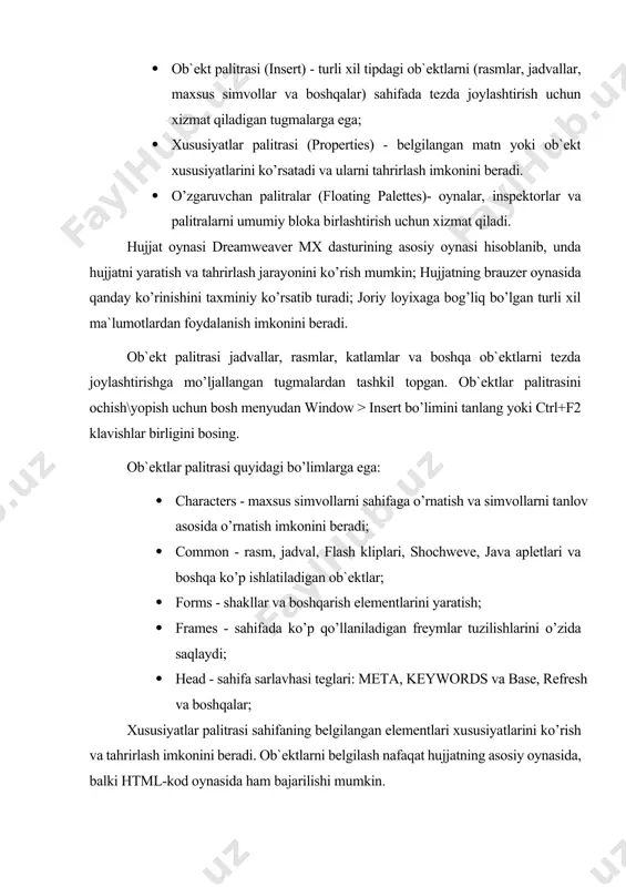 gib qaytishi uchun quyidagi html kodini yozamiz: xush kelibsiz web sahifada harakatlanib turuvchi rasmni joylashtirish uchun quyidagicha html kodini kiritish kerak bo`ladi: bu html kodi natijasida brauzer oynasida chapdan o`ngga harakatlanuvchi, banner.jpg faylida tasvirlangan rasm paydo bo`ladi. variantlar quyidagi mavzular bo’yicha web-sahifa yaratilsin: 1. guruh haqida. 2. dars jadvali. 3. qurulish materiallari. 4. sport. 5. tatu 6. html tili. 7. telefon kompaniyalari. 8. shoirlar. 9. kompyuterning rivojlanishi. 10. telefon modellari. 11. kompyuter qurulmalari. 12. qadimiy joylar. 13. mashhurlar. 14. kompaniyalar. 15. bayramlar. 16. uzbekistondagi universitetlar. 17. mashinalar. 18. kinoartistlar. 19. estrada artistlari. 20. informatika fani. tavsiya etiladigan adabiyotlar ro’yxati 1. m.aripov, m.muhammadiyev. informatika, informasion texnologiyalar. darslik, t.: tdyui., 2005 y. 2. m.mamarajabov, s.tursunov. kompyuter grafikasi va web dizayn. darslik. t.: “cho’lpon”, 2013 y. 3. u.yuldashev, m.mamarajabov, s.tursunov. pedagogik web dizayn. o’quv qo’llanma. t.: “voris”, 2013 y. 4. r.xamdamov va boshqalar. ta’limda axborot texnologiyalari. uslubiy qo’llanma. t.: “o’zbekiston milliy ensiklopediyasi”, 2010 …