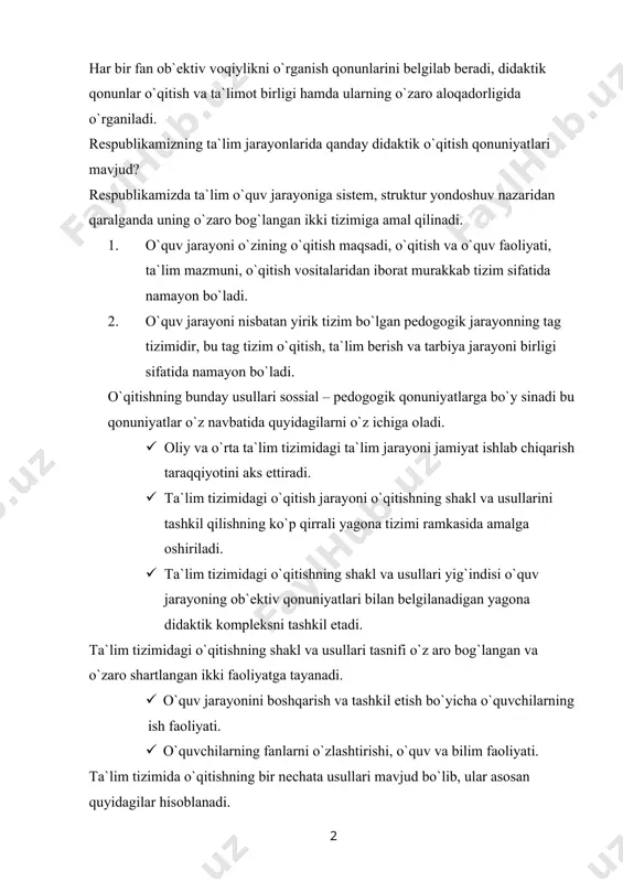 jriba usulida tashkil etish. ma`ruza darslarida ilmiy bilimlarning muayyan miqdori bayon qilinadi. o`quvchilarga fan va texnikaning tadqiqot metologiyasi tanishtiriladi, o`quv tizimi va o`quv mashg`ulotlarining barcha turlari orasidagi uslubiy aloqalar ko`rsatiladi. amaliy dars jarayonida asosan ma`ruza darslaridan olingan mavzularni to`ldirish va o`quvchilarni har bir mavzu bo`yicha mustaqil ravishda o`z fikrlarini berish va mavzuni to`ldirish bilan amalga oshiriladi. · amaliy darslar uchun rejalar ishlab chiqish · amaliy darslar bo`yicha referatlar yozish · kompyuter sinflarida amaliy dasturlar tizimlaridan foydalanish tajriba ishlari bo`yicha turili qarashlar mavjud bo`lib, ular asosan quyidagilardan iborat. · ta`lim tizimidagi tajriba mashg`ulotlaqrining asosiy tavsifi shundaki unda o`quvchilar mustaqil ravishda vazifa bajaradilar yoki ekspriment o`tkazadilar bunday o`qitish tizimida ko`zlangan maqsad o`quvchilar shu fanni chuqur tahlil etish ko`nikmalarini hosil qilish ilmiy izlanishlar olib borishga imkoniyat yaratib berishdan iboratdir. · ilmiy texnik taraqqiyot sharoitda tajriba ishlari o`quvchilarda nazariy olgan bilimlarini amaliyotda qo`llash mexanizmini chuqur va ko`rgazmali o`rganish imkonini beradi. tajriba ishlarini olib boorish …
