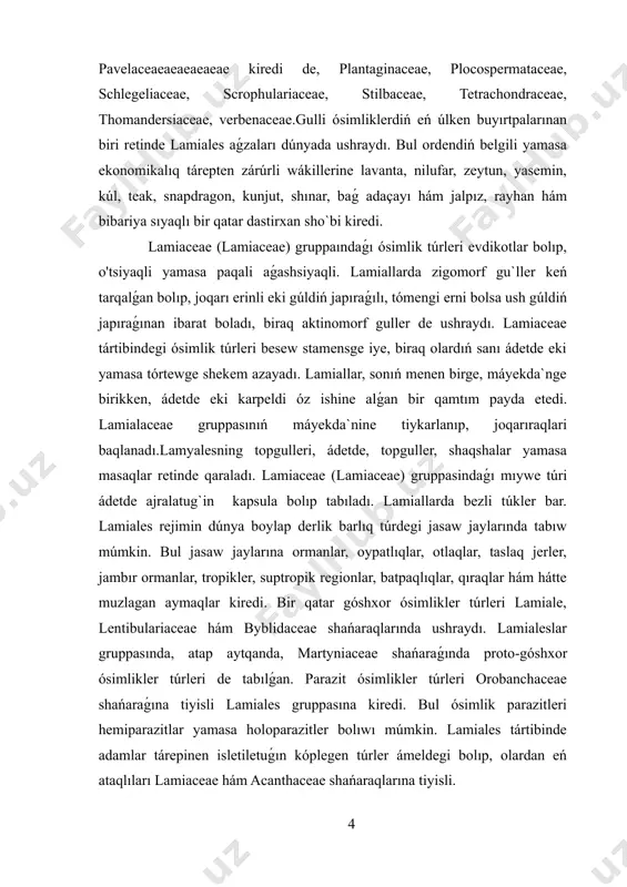 , shıbın-shirkeylerge qarsı ayrıqshalıqlarǵa iye hám shıbınlı bezgek sıyaqlı shıbın-shirkeyler keltirip shıǵaratuǵın zıyanlı keselliklerge qarsı gúresiwde járdem beriwi málim. lamiales gruppasındaǵı acanthaceae ósimlik shańaraǵı shıbın-shirkeyler lichinkalari ushın uwlı zatlı ekenligi anıqlanǵan jetik japıraqlarda biologiyalıq aktiv ekilemshi metabolitlerdi óz ishine aladı. ósimliklerden alınǵan insektitsidler ximiyalıq yamasa sintetik insektitsidlerge jaqsı alternativ bolıp tabıladı, sebebi olar arzan, kóp hám basqa ósimlikler, maqsetli bolmaǵan organizmler hám átirap -ortalıq ushın qawipsiz bolıp tabıladı.lamiaceae (lamiaceae) gruppasınıń kóplegen túrleri bezew, maza, kosmetika hám jaǵımlı iyis retinde de qollanıladı. tábiyiy boyawlardı lamialada tuwılǵan ósimlik túrlerinen de alıw múmkin. mısal ushın, sardiniya mádeniyatında tábiyiy boyawlardı islep shıǵarıw ushın isletiletuǵın eń keń tarqalǵan lamiales ósimlik túrleri - bul láwentula stoechas, bul jerde ashıq jasıl boyaw paqaldan alınadı. ilgeri, lamiallar sheklengen xarakteristikaǵa iye edi (mısalı, artur cronquist), olar tiykarǵı shańaraqlar lamiaceae (labiatae), verbenaceae hám baraginaceae, sonıń menen birge, bir neshe kishi shańaraqlardı óz ishine alǵan. dahlgren klassifikaciyalaw sistemasında lamiallar lamiiflorae (sonıń …