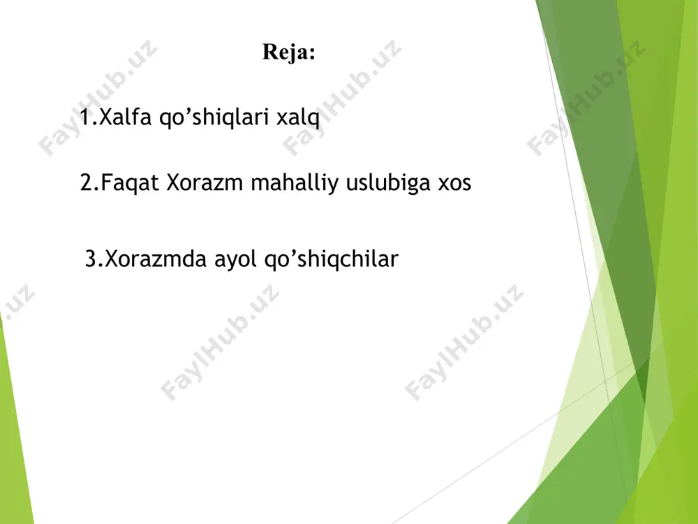 k qobiliyati xalfalar ijodida ma’lum darajada aloqaga ega. bir vaqtlar zardushtiylikning muqaddas kitobi “avesto” ni o’qib ularni xotin-qizlar davrasida targ’ib qilgan ayollarni ham “qalpa” deb yuritishgan. www.arxiv.uz ma’lumki, xalq bayramlarida oila marosimlari bilan bog’liq to’y va tomoshalarda, urf–odatlarda va sayillarda musiqa jo’rligida qo’shiq, raqslar ijro qilingan. deyarli 3000 yillik tarixga ega muqaddas “avesto”kitobida (xususan uning “yashta” va “vispart” bo’limlarida) qadim xorazm san’ati, to’y va marosimlari haqida qimmatli ma’lumotlar keltirilgan. xorazmda olib borilgan arxeologiya va etnografiya ekspeditsiyalari natijasida bu hududda eramizdan avval vi-v asrdayoq an’analar tarkib topganligiga oid ma’lumotlar mavjud. eramizdan avvalgi iv asr jonbosqal’a i-iv asr to’proqqal’a qo’rg’onlari ichida olovxona borligi va u erda tantanalar o’tkazilganligi aniqlangan. qadimgi xorazmshoxlarning afrigiylar davrigacha bo’lgan qarorgohi to’proqqal’ada “shoxlar zali”, “g’alaba zali” “raqsga tushuvchi niqoblar zali” borligi aniqlangan. www.arxiv.uz www.arxiv.uz tarixiy manbalarda yozilishicha afrigiylar davri vi-viii asrlarda ko’p elatli turk xalqlarining o’g’iz qabilalari markaziy osiyo tekisligi, sirdaryoning quyi oqimi va orol bo’ylarida yashaganlar. keyinchalik …