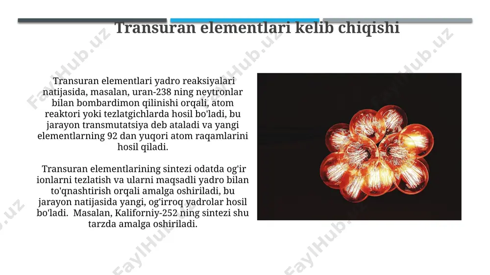 kuzatiladi; masalan, 239pu yadrosining neytronni qoʻshib olish jarayoni 240pu izotopini hosil qiladi. transuran elementlarining yadro parchalanishi reaksiyalari ularning yarim yemirilish davrlarini aniqlashda muhim ahamiyatga ega boʻlib, masalan, 242cm izotopining alfa-parchalanish jarayoni orqali 238pu izotopiga aylanishini kuzatish mumkin. aktinoidlar: umumiy nuqtai aktinoidlar 7 dan 14 gacha bo'lgan f-elektron qobiqiga ega bo'lgan 15 ta radioaktiv elementni o'z ichiga oladi, ularning atom massalari 227 dan 262 gacha o'zgaradi. aktinoidlarning kimyoviy xossalari ularning elektron konfiguratsiyasi va +3 oksidlanish darajasi bilan belgilanadi, lekin boshqa oksidlanish darajalari ham kuzatiladi, masalan, uran va neptuniyda +6. tabiiy radioaktivlik tabiiy radioaktivlik yerning issiqlik balansiga sezilarli ta'sir ko'rsatadi, chunki uran va toriyning radioaktiv parchalanishi natijasida ajralib chiqadigan energiya yerning ichki issiqligiga 20% dan ortiq hissa qo'shadi. tabiiy radioaktivlikning asosiy manbalari orasida uran-238 (yarim parchalanish davri 4,5 milliard yil) va toriy-232 (yarim parchalanish davri 14 milliard yil) kabi izotoplar mavjud bo'lib, ular yer qobig'ida keng tarqalgan. sun'iy radioaktivlik sun'iy radioaktiv izotoplar …