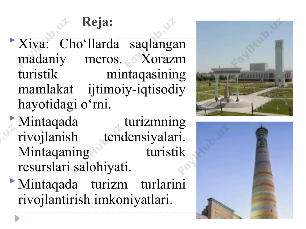 mintaqa turizm sohasini malakali kadrlar bilan ta’minlash ham muammoni yechimlaridan biridir. 2. mintaqada turizmning rivojlanish tendensiyalari. mintaqaning turistik resurslari salohiyati sherg`ozixon madrasasi yusuf hamadoniy maqbarasi shayx muxtor valiy maqbarasi said alouddin maqbarasi juma masjidi pahlavon mahmud maqbarasi va majmuasi said magrumjon maqbarasi olloqulixon madrasasi muhammad aminxon madrasasi sherg`ozixon madrasasi viii asrning birinchi yarmi. bu madrasa xorazmdagi o`quv muassasalari orasida eng ko`hnasidir. uni xiva xoni sherg`ozixon 1719 yili mashhadga muvaffaqiyatli safar qilgandan so`ng ana shu g`olibona safar sharafiga qurdirgan. madrasa binosi bizning davrimizgacha asl holicha to`la yetib kelmagan. yillar mobaynida nurab, yaroqsiz holga kelib qolgan. mazkur madrasa o`z davrida yirik bilim o`chog`i bo`lib, unda ko`plab tolibi ilmlar tahsil olganlar. jumladan, turkman xalqining mutasavvif shoiri maxtumquli ham mana shu bilim dargohida ta’lim olgan yusuf hamadoniy maqbarasi imom yusuf hamadoniy xii asrda yashagan, go`zal axloqi, yuksak maqomati va karomati bilan mashhur bo`lgan ulug` mutasavvif. bag`dod, isfahon va samarqand kabi ko`hna shaharlarning ilmiy majlislarida …
