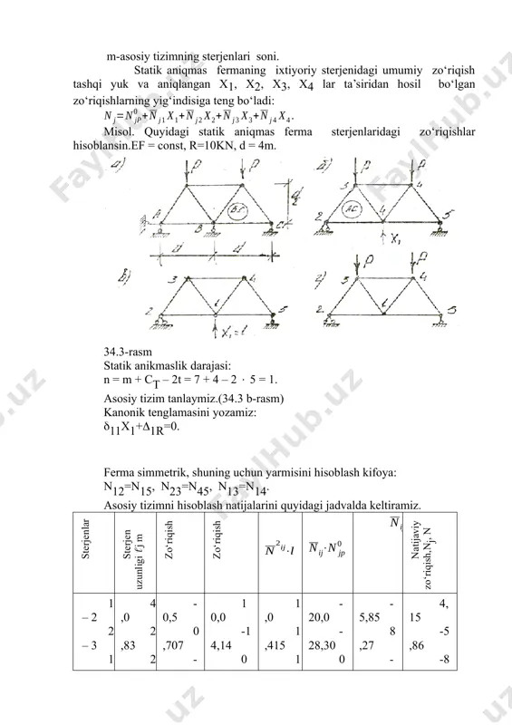 aniqlanadi? 9.qaysi holatda statik noaniq ferma elementlaridagi zo‘riqish nolga teng bo‘ladi? 10.natijaviy zo‘riqishni topish formulasini yozing? foydalangan adabiytlar 1. karnovsky i.a., lebed o.i. advanced methods of structural analysis. canada.2010. 2. david johnson, advanced structural mechanics, london,2000. 3. odilxo'jaev e.a., g'ulomov t.g., abdukamilov t.k. qurilish mexanikasidan misol va masalalar. toshkent, 1985. 4. odilxo'jaev e.a., g'ulamov t.g., abdukamilov t.k. qurilish mexanikasi. toshkent, 1974. 5. x.sh. turaev va boshqalar. qurilish mexanikasi. toshkent — “moliya” — 2002. 6. smirnov a.f., aleksandrov a.v., lashenikov b.ya., shaposhnikov n.n. stroitelnaya mexanika. sterjnevie sistemi. m., stroyizdat, 1981 7. darkov a.v., shaposhnikov n.n. stroitelnaya mexanika. m., visshaya shkola, 1986. oleobject2.bin image5.wmf oleobject3.bin image6.wmf oleobject4.bin image7.wmf oleobject5.bin image8.wmf oleobject6.bin image9.wmf oleobject7.bin image10.png image11.wmf oleobject8.bin image12.wmf oleobject9.bin image13.wmf oleobject10.bin image14.wmf oleobject11.bin image15.wmf oleobject12.bin image16.wmf oleobject13.bin image17.wmf oleobject14.bin image18.wmf oleobject15.bin image19.wmf oleobject16.bin image20.wmf oleobject17.bin image21.wmf oleobject18.bin image1.png image2.png image3.wmf oleobject1.bin image4.wmf å = × = m j j j ji ii ef …