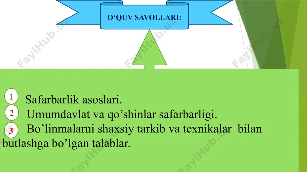 sining, boshqa vazirliklarning, davlat qo’mitalarininghamda idoralarning tegishli boshqaruv organlari, qo’shinlari, harbiy tuzilmalari va muassasalari kiradi. qurolli kuchlar o’z faoliyatini qonun ustuvorligi, markazlashgan rahbarlik va yakkaboshchilik, doimiy ravishda jangovar hamda safarbarlik shayligiva harbiy intizomga rioya etish asosida quradi hamda amalga oshiradi. harbiy ob’ektlar, binolar va inshootlar, qurol-yarog’ning, harbiy texnikaning barcha turlari hamda boshqa harbiy mol-mulk davlat mulkidir va ular qurolli kuchlar tasarrufida bo’ladi. qurolli kuchlarni to’ldirib borish qonun hujjatlarida belgilangan tartibda amalga oshiriladi. mamlakat mudofaasiga va qurolli kuchlarga rahbarlik qilish o’zbekiston respublikasi prezidenti – o’zbekiston respublikasi qurolli kuchlari oliy bosh qo’mondoni amalga oshiradi. qurolli kuchlar tarkibiga kiruvchi harbiy tuzilmalarga rahbarlikni o’zbekiston respublikasi mudofaa vazirligining, ichki ishlar vazirligining, favqulodda vaziyatlar vazirligining, davlat xavfsizlik xizmatining, milliy gvardiyasining markaziy devonlari, shuningdek boshqa vazirliklarning, davlat qo’mitalarining va idoralarning boshqaruv organlari amalga oshiradi. urush davri sharoitlarida mudofaa vaziri o’zbekiston respublikasi qurolli kuchlari oliy bosh qo’mondonining o’rinbosari hisoblanadi. qurolli kuchlar oldiga qo’yilgan vazifalarni bajarish yuzasidan ularga tezkor …