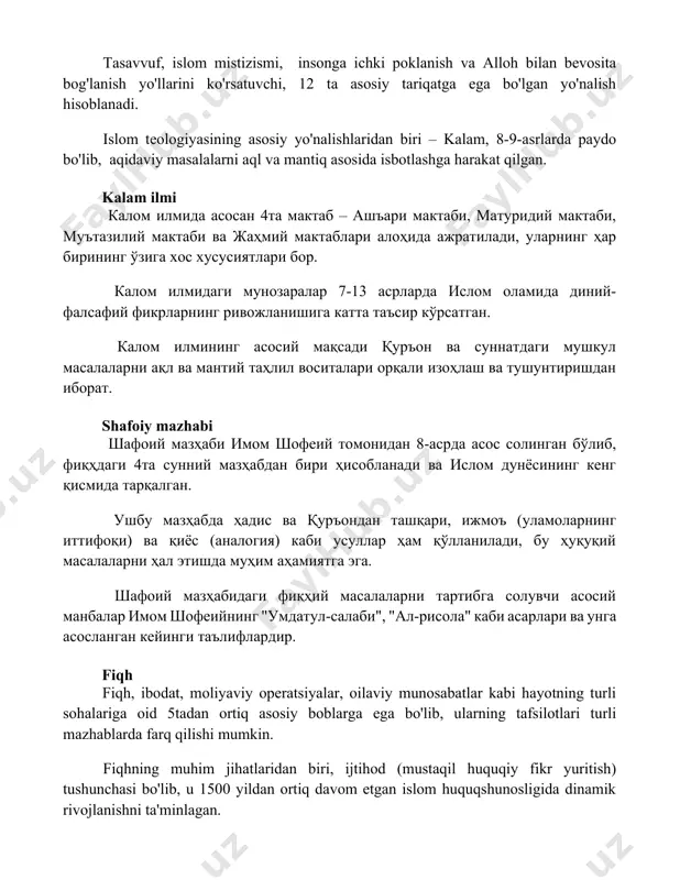 yo'nalishlaridan biri – kalam, 8-9-asrlarda paydo bo'lib, aqidaviy masalalarni aql va mantiq asosida isbotlashga harakat qilgan. kalam ilmi калом илмида асосан 4та мактаб – ашъари мактаби, матуридий мактаби, муътазилий мактаби ва жаҳмий мактаблари алоҳида ажратилади, уларнинг ҳар бирининг ўзига хос хусусиятлари бор. калом илмидаги мунозаралар 7-13 асрларда ислом оламида диний-фалсафий фикрларнинг ривожланишига катта таъсир кўрсатган. калом илмининг асосий мақсади қуръон ва суннатдаги мушкул масалаларни ақл ва мантий таҳлил воситалари орқали изоҳлаш ва тушунтиришдан иборат. shafoiy mazhabi шафоий мазҳаби имом шофеий томонидан 8-асрда асос солинган бўлиб, фиқҳдаги 4та сунний мазҳабдан бири ҳисобланади ва ислом дунёсининг кенг қисмида тарқалган. ушбу мазҳабда ҳадис ва қуръондан ташқари, ижмоъ (уламоларнинг иттифоқи) ва қиёс (аналогия) каби усуллар ҳам қўлланилади, бу ҳуқуқий масалаларни ҳал этишда муҳим аҳамиятга эга. шафоий мазҳабидаги фиқҳий масалаларни тартибга солувчи асосий манбалар имом шофеийнинг "умдатул-салаби", "ал-рисола" каби асарлари ва унга асосланган кейинги таълифлардир. fiqh fiqh, ibodat, moliyaviy operatsiyalar, oilaviy munosabatlar kabi hayotning turli …