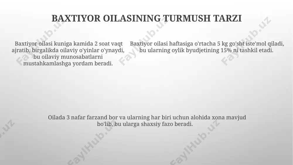 stur tayyorlanadi, taxminan 20 dan ortiq mehmonlar ishtirok etadi. oila a’zolari soni 5 kishidan iborat boʻlgan baxtiyor oilasi, har yili kamida 2 ta yirik oilaviy sayohatlarni amalga oshirib, oilaviy dam olish va bir-birlariga yaqinlashishga alohida ahamiyat beradi. e'tiboringiz uchun rahmat @taqdimot_robot image1.png image2.png image3.png