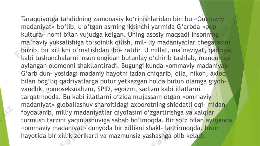 lmaydigan yoki zamonaviy oila tomonidan o’z-o’zidan amalga oshiriladi), balki oilada kattalar va bolalar, bolalar jamoasidagi bolalar o’rtasidagi tarqoqlikni bartaraf etish vositasidir. oila va ta’lim muassasasi o’rtasida, shaxs (ham kichik bola, ham kattalar; bola, ota-ona, os o’qituvchisi) va an’anaviy madaniyat o’rtasida. bolalarni ma’naviy-axloqiy tarbiyalashdagi qiyinchiliklar. toki mana shunday tarqoqlik bartaraf etilmaguncha, oilada ma’naviy jamiyatga erishilmaguncha, ta’lim muassasalari bu muammoni o‘z darajasida hal etish yo‘llarini topsalar ham, bolalarni ma’naviy-axloqiy tarbiyalashda ko‘p ish qilish mumkin emas. e’tiboringiz uchun tashakkur!!! savollar boʻlsa marhamat!!! image1.jpeg image2.jpeg