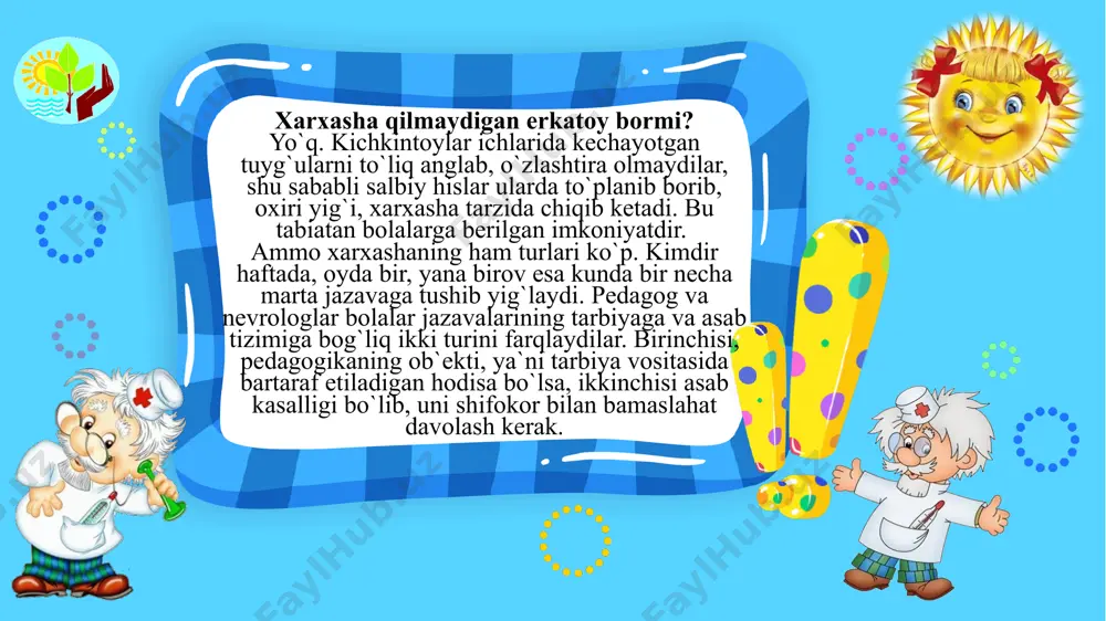 ning elkasidan ushlab, quchoqlab, shirin so`zlar aytish, yaxshi narsalarni va`da qilish yoki istayotgan narsasi o`rniga boshqa narsa berish. agar aytganini qilaversangiz, jazava uning uchun odatga aylanib qoladi. bu, demak, aql bilan qilinayotgan xarxasha va uning davosi tarbiyadir. «nega yig`layverasan???» yana shunday xarxasha borki, bola uni kunda bir necha bor qiladi, nimaga yig`layotganini tushunmaysiz yo tushunsangiz-da, bu sabab o`zini erga urib yig`lashga arzimasligidan hayron qolasiz. hech qanday ovutish, hatto istaganini muhayyo qilish ham ish bermaydi. bola bunday jazavadan keyin tezda charchab qoladi. bu kichkintoyning asab tizimidagi buzilishlardan dalolatdir. hozir ko`pchilik chaqaloqlar asab tizimida muammolar bilan tug`ilmoqda. tibbiyotning rivojlanganligi, erta tashxislash va zamonaviy davo choralari tufayli kasalliklarning aksari bolalikdayoq davolanayapti. faqat ota-ona sezgir bo`lishi va vaqtida shifokorga murojaat etishi kerak. bordi-yu, bunday qilinmasa, kelajakda kichkintoyning asab tizimidagi funksional buzilishlar (emosional beqarorlik, serxavotirlik, boshqalar bilan muloqotda muammolar)ni yuzaga keltirishi mumkin. katta bo`lgani sayin ruhiy rivojlanishda orqada qolish, til kech chiqishi, nutq ravon bo`lmasligi, …