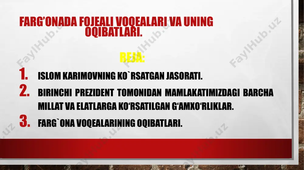 a ulkan ahamiyat kasb etdi. barcha diniy konfessiyalar vakillari o‘z e’tiqodiga emin-erkin va to‘siqlarsiz amal qilishlari uchun zarur shart-sharoit yaratildi. ta’kidlanishicha, milliy va madaniy markazlarning tashkil etilgani o‘zbekiston xalqining birligi va yakdilligini ta’minlagan muhim omillardan biri sanaladi. toshkentda mamlakatdagi milliy-madaniy markazlarning boshini qovushtirgan markaz ta’sis etildi, 1992-yil yanvarda u respublika baynalmilal madaniyat markaziga aylantirildi. o‘sha yillari o‘zbekistonda tatar, nemis, koreys, ozarboyjon, qozoq, yahudiy kabi 54 ta milliy va millatlararo markazlarga asos solindi. markazlar faoliyati, qolaversa, turli millat va elatlarning o‘z tarixi, adabiyoti, tilini o‘rganish, an’analar, milliy bayram, urf-odat va marosimlarni tiklash va rivojlantirish singari madaniy, ma’naviy va ijtimoiy talablarini qondirish uchun qulay muhit yaratildi. 1989-yil oktyabrda islom karimovning dadil siyosiy qadami mahsuli sifatida «davlat tili haqida»gi qonun qabul qilindi. ushbu qonun bilan uzoq vaqt ikkinchi darajada bo‘lib kelgan o‘zbek tiliga davlat tili maqomi berildi. bu hodisa o‘zbek xalqining milliy o‘zlik tuyg‘usi o‘sishida muhim rol o‘ynadi. qolaversa, bu mustaqillikka erishish yo‘lidagi …