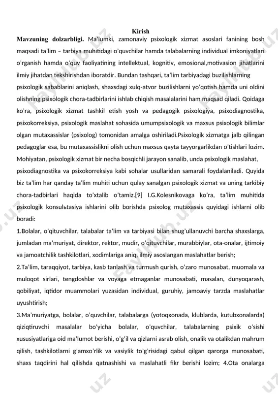 a-maxsus va kasb-hunar kolleji o’quvchilari, akademik lisey talabalariga ularning imkoniyati, istiqboli to’g’risida ilmiy – amaliy xususiyatga molik konsulьtativ ishlar olib borish:yoshlarni saralash, tanlash, kasbga yaroqlilik darajasini aniqlash, tanlov komissiyasida maslahatchi sifatida ishtirok etish. mazkur ishlar ta’lim sub’ektlarini maktabda, liseylarda, universitetlarda o’qitish davomida psixologikpedagogik jihatdan chuqurroq o’rganishga yo’naltirilgan bo’lib, ularning individual xususiyatlarini, ta’lim tarbiyadagi nuqsonlarning sabablarini aniqlashga mo’ljallangandir. diagnostik ishlar guruhiy yoki individual tarzda o’tkaziladi. bu asnoda amaliy psixolog quyidagi vazifalarni bajaradi. maslahat berish ishlari-amaliyotchi psixologning asosiy faoliyat turlaridan biridir. maslahat berish ishlari o’qituvchilar, o’quvchilar, ota-onalar uchun olib boriladi. maslahat berish ishlari individual va guruhiy bo’lishi mumkin. amaliyotchi psixologlar ish tajribasini umumlashtirish shuni ko’rsatadiki, o’qituvchilar ko’pincha psixologga quyidagi muammolar bo’yicha murojaat qiladilar: turli fanlar bo’yicha o’quvchilarning o’zlashtirishdagi qiyinchiliklar, bolalarning o’qiy olmasligi va istamasligi, guruhda nizoli vaziyatlar, shaxsiy pedagogik ta’sirning natija bermasligi, har xil yoshdagi bolalarning tengdoshlari oila muloqati va bolalar jamoasining shakllanishi, kasbiy malakalarini oshirish yo’llari, o’quvchilarning qobiliyatlari, layoqatlari, qiziqishlarini aniqlash …