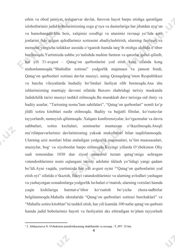 yo‘lidagi yangi qadam bo‘ldi.ayni vaqtda, yurtimizda har yili avgust oyini [footnoteref:2]“qatag‘on qurbonlarini yod etish oyi” sifatida o‘tkazish, fidoyi vatandoshlarimiz va ularning avlodlari yashagan va yashayotgan xonadonlarga yodgorlik lavhalari o‘rnatish, ularning vorislari hamda yaqin kishilariga hurmat-e’tibor ko‘rsatish bo‘yicha chora-tadbirlar belgilanmoqda.mahalla idoralarida “qatag‘on qurbonlari xotirasi burchaklari” va “mahalla xotira kitoblari”ni tashkil etish, har yili kamida 100 nafar qatag‘on qurboni hamda jadid bobolarimiz hayoti va faoliyatini aks ettiradigan to‘plam tayyorlash rejalashtirilgan.ushbu muhim mavzuda arxiv hujjatlaridan foydalanish imkoniyatlarini kengaytirish, ilmiy [footnoteref:3]tadqiqot ishlarini amalga oshirish uchun maqsadli grantlar e’lon qilish, yangi badiiy va publitsistik asarlar yaratish, xorijiy ilm-fan markazlari, fondlar va muzeylar, kutubxonalar bilan hamkorlikni rivojlantirish choralari ko‘rilmoqda.buyuk ma’rifatparvar bobolarimiz tomonidan olg‘a surilgan g‘oyaviy-siyosiy, ijtimoiy-ma’rifiy va huquqiy-axloqiy qarashlar, turli millat va elatlar o‘rtasida bag‘rikenglik va hamjihatlik tamoyillarini qaror toptirish bilan birga, milliy manfaatlarni himoya qilishga qaratilgan intilishlar hozirgi murakkab va tahlikali zamonda barchamiz, avvalo, yoshlarimiz uchun chinakam ibrat namunasidir. ularning hayoti va jasorati bugungi tinch …