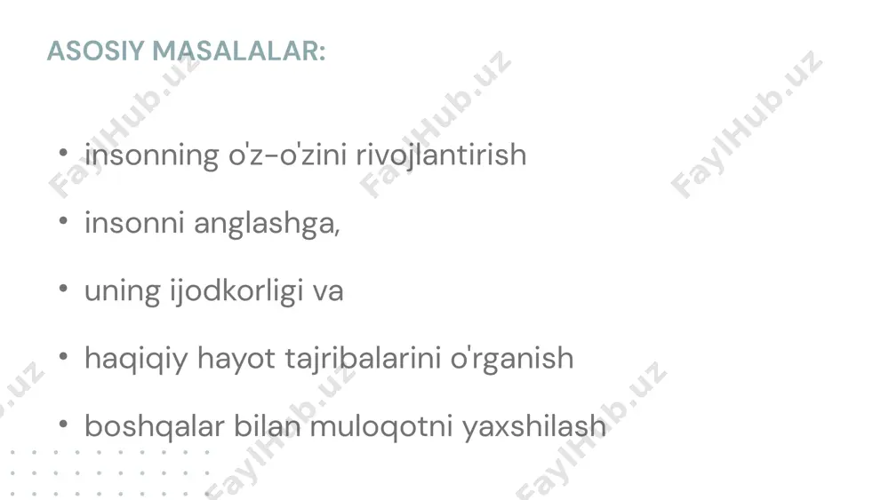 tiyojlari iyerarxiyasi orqali shaxsning motivatsiyasi qanday rivojlanishini tushuntiradi. maslowning ehtiyojlar iyerarxiyasi: fiziologik ehtiyojlar xavfsizlik ehtiyojlari bu darajadagi ehtiyojlar insonning jismoniy va psixologik xavfsizligini ta’minlashga qaratilgan. bu yerda barqarorlik, xavfsizlik, tartib va himoyalanganlik hissi muhim. misol: kishi uy-joy, moliyaviy barqarorlik, tibbiy himoya va huquqiy xavfsizlikni talab qiladi. masalan, kishi doimiy ishi va uyi bo‘lsa, o‘zini xavfsiz his qiladi. ijtimoiy ehtiyojlar (love and belonging needs): ushbu bosqichda inson sevgi, do'stlik, oila va jamiyatda o‘z o‘rnini topishga ehtiyoj sezadi. bu ehtiyojlar ijtimoiy aloqalar va insonning boshqa odamlar bilan bo‘lgan munosabatlariga bog‘liq. misol: do‘stlar bilan yaqin aloqalar, oila, sevgi va qabul qilinish hissi bu darajadagi ehtiyojlarning muhim qismidir. hurmat va o‘z-o‘zini hurmat qilish ehtiyojlari bu bosqichda inson o‘zini boshqalar tomonidan hurmat qilishini, qadrlanishini va o‘z-o‘ziga nisbatan hurmat hissini his qilishni istaydi. hurmat ehtiyojlari ikkiga bo'linadi: boshqalardan hurmat va o‘z-o‘zini hurmat qilish. misol: shaxs maqtov, e’tirof, maqom yoki nufuzga ega bo‘lishni xohlaydi. shu bilan birga, …