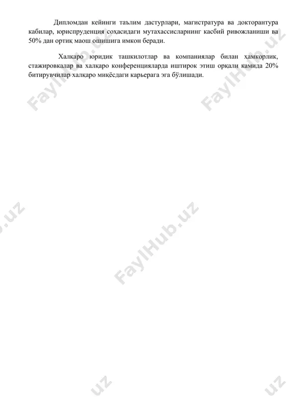 битирувчилар халқаро миқёсдаги карьерага эга бўлишади. 📌xulosa huquqiy ta'limning muhim elementlari huquqiy bilimlarni, ko'nikmalarni va qadriyatlarni shakllantirish orqali kelajakdagi yuristlarni professional faoliyatga tayyorlashda hal qiluvchi ahamiyatga ega. ushbu elementlarning samarali qo'llanilishi adolatli va samarali huquqiy tizimning rivojlanishiga xizmat qiladi. 📚foydalanilgan adabiyotlar 1. юридик таълим элементлари бўйича дарслик. тошкент: "adolat" нашриёти, 2023 йил. 2. юридик фанларни ўқитиш методикаси. тошкент: ўзбекистон миллий университети нашриёти, 2022 йил. 3. замонавий юридик таълим: муаммолар ва ечимлар. тошкент: "шарқ" нашриёти, 2021 йил. 4. юридик таълимда инновацион технологиялар