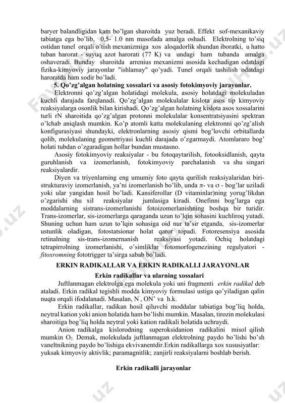 , spektr maksimumi 320-325 nmda qayd etiladi. fluoressensiya spektrofotometrlardan farqlanadigan, fluorametrlarda o’lchanadi. ularda fluoressensiya qo’zg’atuvchi va uni qayd etuvchi sistemalar mavjud. 3. nurlanishsiz amalga oshuvchi o’tishlar bu xil o’tishlarni ikki turga ajratish mumkin: bir xil multipnetlikka ega, har xil elektronni qo’zg’alish holatlari aro molekulyari nurlanishsiz o’tishlar, ya’ni singnet - singnet (s1 so) va triplet - triplet (t2 t1) o’tishlar imkoni ham mavjud bo’lib, bunday o’tishlar ichki konversiya deb ataladi. har xil multipnetlikka ega holatlararo molekulyari o’tishlar (ya’ni s1 t1, t1 so), bunday o’tishlar interkombinatsion konversiya deb ataladi. energiyaning qo’zg’algan molekuladan atrofdagi boshqa molekulalarga uzatilishi ham nurlanishsiz o’tishga tegishlidir. bunda elektrol energiyasi tebranma, aylanma va ilgarilama harakat energiyalari sifatida uzatilishi mumkin. molekula tuzilishi nazariyasidan ma’lumki, molekulyar orbitallar , n va .-tiplariga bo’linadi. qo’zg’alish paytida elektrol -orbitaldan, qo’zg’algan *-orbitalga o’tadi va bunday o’tish * o’tish deb ataladi. organik molekulalarda ko’pincha *, n * va n * -o’tishlar qayd etilib, ular zaryad tashilish …