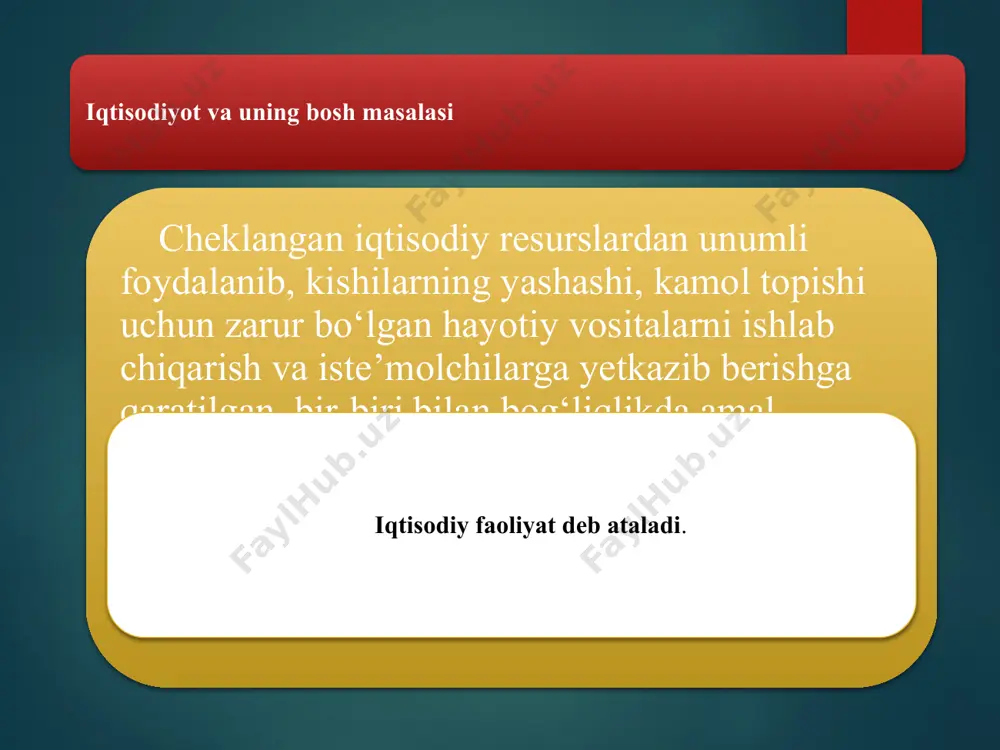 a resurslarning takror ishlab chiqarish fazalaridagi harakati ehtiyoj resurs iqtisodiyotning doimiy va bosh masalasi – ehtiyojlarning cheksizligi va iqtisodiy resurslarning cheklanganligidir. 13 insonning yashashi va kamol topishi, umuman insoniyatning rivojlanishi uchun kerak bo`lgan hayotiy vositalarga bo`lgan zarurati iqtisodiyot nazariyasi fanida ehtiyoj deb ataladi. ehtiyojlar ijtimoiy-iqtisodiy ehtiyojlar ehtiyojlarni iste`mol qilish tavsifiga ko`ra birlamchi ehtiyojlar umumjamiyat ehtiyojlari hududiy guruhiy yakka birgalikda qondiriluvchi ehtiyojlar ma`naviy moddiy shaxsiy ishlab chiqarish ikkilamchi ehtiyojlar 15 iqtisodiy resurslarni quyidagi guruhlarga ajratish mumkin: tabiiy resurslar ishchi kuchi resusrslari kapital yer, yer osti boyliklari, suv, o`rmon va biologik resurslar kishilarning aqliy va jismoniy qobiliyatlari foyda olish maqsadida ishlatiladigan binolar, stanoklar, mashinalar, asbob-uskunalar, inshootlar, qurilmalar, sotishga tayyor tovarlar, pul mablag`lari va boshqalar tadbirkorlik qobiliyati kishilarning ishlab chiqarish va xizmat ko`rsatish jarayonlarini tashkil etish va boshqarish qobiliyatlari moddiy ehtiyojlar – bu moddiy ko`rinishdagi ne’matlar vositasida qondiriluvchi zaruratdir. bular iste’mol uchun zarur bo`lgan ko`plab hayotiy predmetlarni (ishlab chiqarish va transport vositalari, oziq-ovqat, …