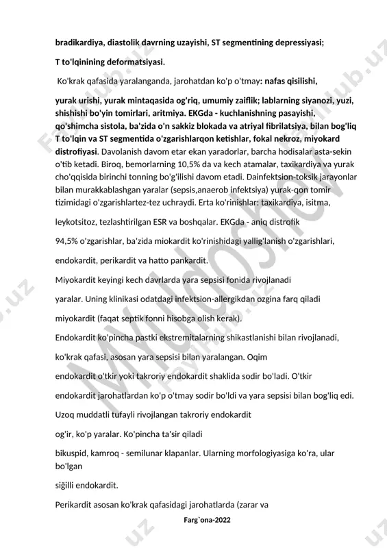 zoq muddatli tufayli rivojlangan takroriy endokardit og'ir, ko'p yaralar. ko'pincha ta'sir qiladi bikuspid, kamroq - semilunar klapanlar. ularning morfologiyasiga ko'ra, ular bo'lgan siğilli endokardit. perikardit asosan ko'krak qafasidagi jarohatlarda (zarar va perikard infektsiyasi) va pastki oyoq-qo'llari (yaraning asorati sifatida). sepsis). uning klinikasi kuzatilgan perikarditdan unchalik farq qilmadi tinch vaqt. faqat septik fonni hisobga olish kerak. perikardning natijasi - perikard bo'shlig'ining obliteratsiyasi, ba'zida "zirhli" yurak. yaradorlarda qon tizimidagi o'zgarishlar. qon yo'qotish tufayli anemiya jarohatlardan keyingi dastlabki bosqichlarda, yara infektsiyasi natijasida kamqonlik rivojlanadi -keyinroq. katta zarar etkazmasdan yumshoq to'qimalarning shikastlanishida anemiya tomirlar kichik, ichki qon ketishi bilan yaralangan plevra, qorin bo'shlig'i ko'pincha ahamiyatlidir. natijasida anemiya jarohatdan so'ng darhol qon yo'qotish tananing mudofaasini zaiflashtiradi, yara infektsiyasining rivojlanishiga hissa qo'shadi. yara infektsiyasining rivojlanishi (anaerob, yiringli) anemiyani yanada qo'llab-quvvatlaydi va kuchaytiradi. eng aniq anemiya anaerob infektsiya bilan sodir bo'ladi, bu bilan bog'liq toksinlarning eritrotsitlarga gemolizlovchi ta'siri. sepsisdagi gemolizdan tashqari eritropoez inhibe qilinadi. shuni esda tutish …