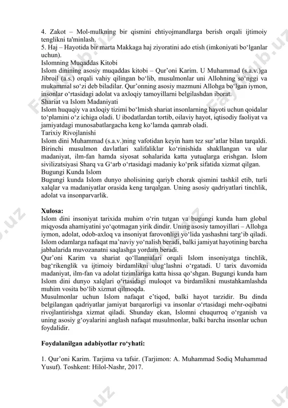 muhammad (s.a.v.)ning merosi muhammad (s.a.v.)ning merosi faqat diniy nuqtai nazardan emas, balki ijtimoiy, axloqiy va huquqiy jihatdan ham katta ahamiyatga ega. uning hayoti va ta'limotlari odamlarni adolatli, insofli va pokiza hayot tarziga yo‘naltirgan. muhammad (s.a.v.)ning hayoti va muqaddas so‘zlari islom dunyosida bugungi kunda ham davom etmoqda, va u musulmonlarning e'tiqodi, ibodati va hayotini shakllantirishda davom etmoqda islom dini – dunyoda eng ko‘p tarqalgan va ta'sirchan dinlardan biri bo‘lib, u yagona allohga iymon va taqvo asosida barpo etilgan. islomning kelib chiqishi muhammad (s.a.v.)ning allohdan vahiy olishi bilan bog‘liq. bu voqea 610-yilda makka shahrida sodir bo‘lgan. islom so‘zi arab tilidan "bo‘ysunish", "tinchlik" va "xudoga taslim bo‘lish" ma'nolarini anglatadi. islomning asosiy tamoyillari islom dini beshta asosiy ustunga tayanadi: 1. shahodat kalimasi – allohdan boshqa iloh yo‘qligini va muhammad (s.a.v.) allohning rasuli ekanligini tasdiqlash. 2. namoz – kuniga besh mahal o‘qiladigan ibodat bo‘lib, u musulmonlarning ruhiy poklanishiga xizmat qiladi. 3. ro‘za – ramazon oyida …