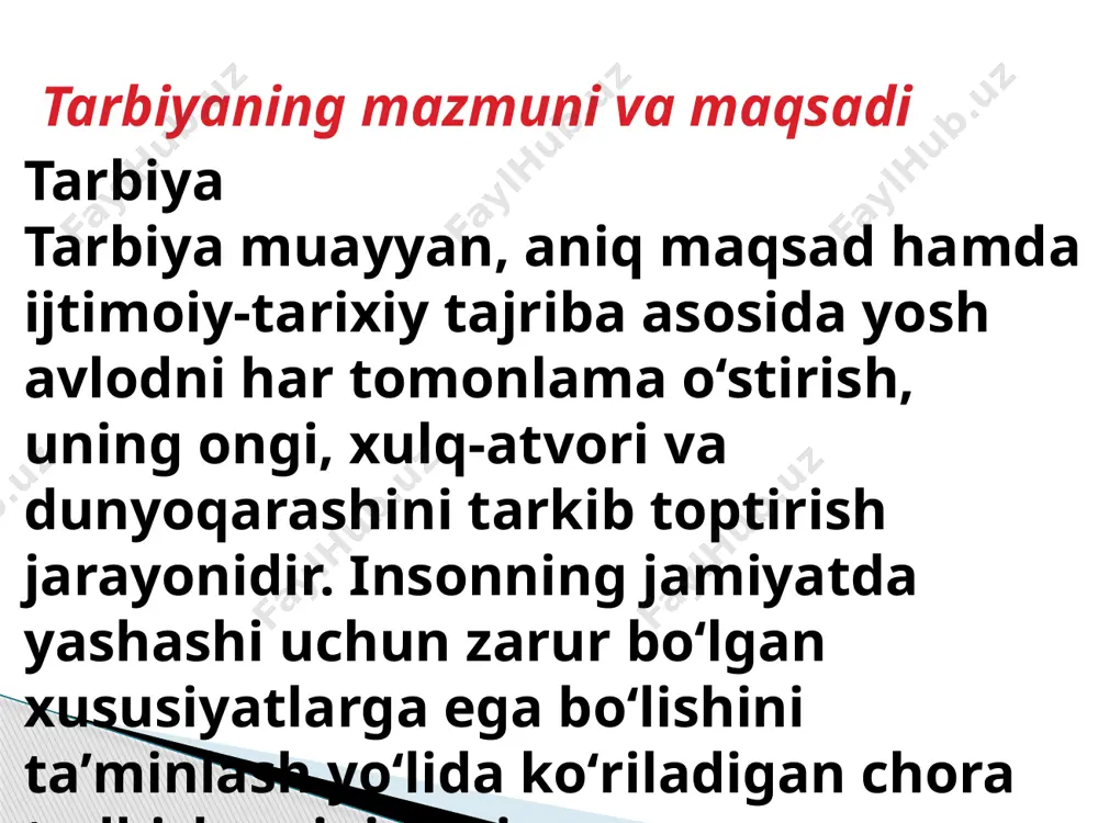 atlarini aniqlash o‘quvchining tarbiya jarayonidagi faolligini ta'minlashga olib keladi. dunyoqarashi hali to‘la-to‘kis shakllanmagan bolalar uchun kattalarning hayotiy tajribalari, ularning shaxsiy namunalari tarbiyaviy ta'sir kuchiga ega. 3.o‘z-o‘zini anglash. tarbiya insonda e'tiqod, demokratik qarashlar va hayotiy pozitsiyaning shakllanishiga olib keladi. tarbiya mazmunining eng muhim unsurlaridan biri – bu insonning hayotiy o‘z-o‘zini anglashi, uning o‘z shaxsiy hayoti va faoliyatining sub'ekti sifatida e'tirof etilishi bilan tavsiflanadi. inson kamolotida fuqarolik, kasbiy va axloqiy o‘z-o‘zini anglash jihatlari muhim ahamiyatga egadir. 4.tarbiyaning shaxsga yo‘naltirilganligi. mazkur g‘oya ta'lim muassasasi amaliyotining markaziy nuqtasida tarbiyaviy ishlar dasturi, tadbirlar, ularning shakl, metod va vositalari emas. balki o‘quvchi turganligini anglatishga xizmat qiladi. tarbiya jarayonida uning shaxsiy xususiyatlari, qiziqishlari, o‘ziga xos xarakteri, o‘z qadr-qimmatini anglash tuyg‘ulari rivojlantirilib borilishi zarur. 5.ixtiyoriylik. tarbiyalanuvchilarning iroda erkinligisiz tarbiya g‘oyalari mohiyatini qaror toptirish mumkin emas. tarbiya jarayoni, agar u oqilona tashkil etilsa, bir vaqtning o‘zida ham o‘quvchi, ham o‘qituvchi ma'naviyatining boyitilishiga xizmat qiladi. agar tarbiyachi o‘quvchining qiziqishi, faoliyati, …