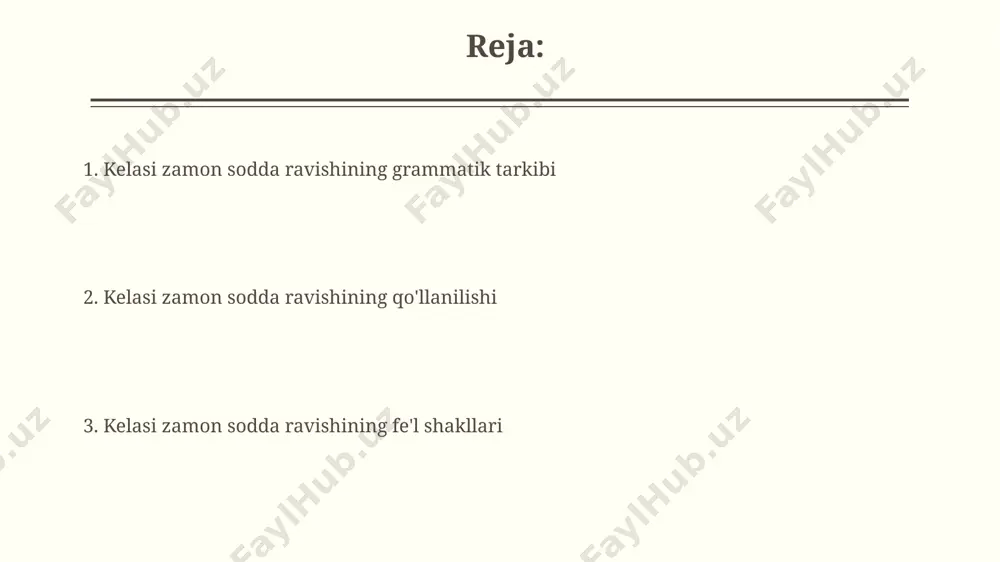 zamonning grammatik jihatdan ifodalanishiga present continuous tense ham ishlatilishi mumkin. bu 3-shaxs birlikda "is going to", ko'plikda esa "are going to" shakllarida ishlatiladi va aniq rejalashtirilgan harakatlarni bildiradi. kelasi zamonning grammatik tarkibida "going to" birikmasi ham qo‘llaniladi, bu birikma kelajakdagi rejalangan harakatlarni ifodalaydi. masalan, "i am going to visit samarkand next month" jumlasida ko'rsatilganidek. kelasi zamonning boshqa zamonlar bilan bog'lanishi kelasi zamon, shartli maylning 3-shaxs ko'plikdagi fe'li (masalan, "qilsalar edi") bilan qo'llanib, 3 ta shartli vaziyatni 21-asrning global miqyosidagi hodisalar bilan bog'laydi. kelasi zamon, o'tgan zamonning 2-shaxs birlikdagi fe'li (masalan, "borgan eding") bilan birikib, rejalashtirilgan harakatni 19-asr o'zbekistonida bo'lib o'tgan voqea bilan bog'lash imkonini beradi. kelasi zamonning shaxs va son o'zgarishlari kelasi zamonning fe'l shakllarida 1-shaxs birlik (men), 2-shaxs birlik (sen), 3-shaxs birlik (u) kabi shaxslar va ularning ko'plikdagi (biz, sizlar, ular) shakllari mavjud bo'lib, jami 6 ta shaxs-son o'zgarishi kuzatiladi, masalan, "men boraman", "u boradi" kabi. kelasi zamon fe'lining …