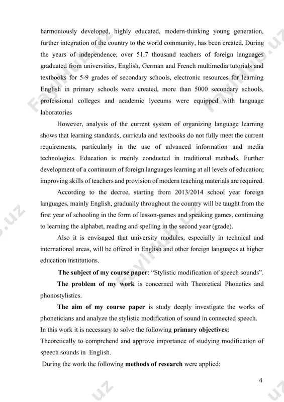 les, especially in technical and international areas, will be offered in english and other foreign languages at higher education institutions. the subject of my course paper: “stylistic modification of speech sounds”. the problem of my work is concerned with theoretical phonetics and phonostylistics. the aim of my course paper is study deeply investigate the works of phoneticians and analyze the stylistic modification of sound in connected speech. in this work it is necessary to solve the following primary objectives: theoretically to comprehend and approve importance of studying modification of speech sounds in english. during the work the following methods of research were applied: 1. the analysis of the scientific literature on a given theme; 2. the analysis of programs and internet resources such as official sites of foreign authors and websites of both domestic and foreign universities; practical value of the given theme is included in the formation of modern …