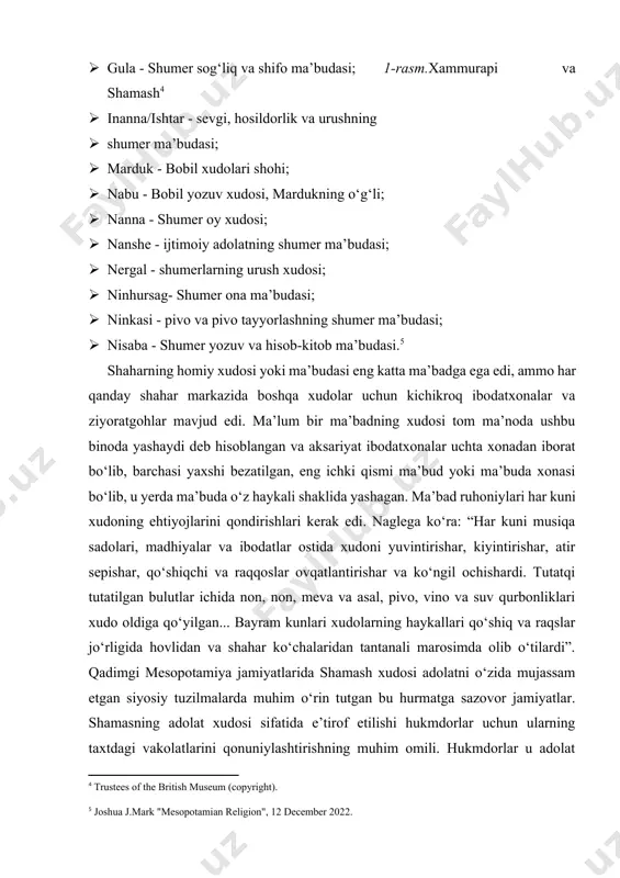 shning · shumer ma’budasi; · marduk - bobil xudolari shohi; · nabu - bobil yozuv xudosi, mardukning o‘g‘li; · nanna - shumer oy xudosi; · nanshe - ijtimoiy adolatning shumer ma’budasi; · nergal - shumerlarning urush xudosi; · ninhursag- shumer ona ma’budasi; · ninkasi - pivo va pivo tayyorlashning shumer ma’budasi; · nisaba - shumer yozuv va hisob-kitob ma’budasi.[footnoteref:5] [5: joshua j.mark "mesopotamian religion", 12 december 2022. ] shaharning homiy xudosi yoki ma’budasi eng katta ma’badga ega edi, ammo har qanday shahar markazida boshqa xudolar uchun kichikroq ibodatxonalar va ziyoratgohlar mavjud edi. ma’lum bir ma’badning xudosi tom ma’noda ushbu binoda yashaydi deb hisoblangan va aksariyat ibodatxonalar uchta xonadan iborat bo‘lib, barchasi yaxshi bezatilgan, eng ichki qismi ma’bud yoki ma’buda xonasi bo‘lib, u yerda ma’buda o‘z haykali shaklida yashagan. ma’bad ruhoniylari har kuni xudoning ehtiyojlarini qondirishlari kerak edi. naglega ko‘ra: “har kuni musiqa sadolari, madhiyalar va ibodatlar ostida xudoni yuvintirishar, kiyintirishar, …