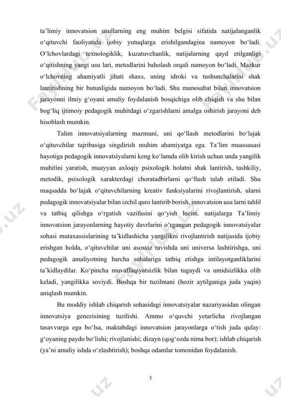 tida ijobiy yutuqlarga erishilgandagina namoyon bo‘ladi. o‘lchovlardagi texnologiklik, kuzatuvchanlik, natijalarning qayd etilganligi o‘qitishning yangi usu lari, metodlarini baholash orqali namoyon bo‘ladi. mazkur o‘lchovning ahamiyatli jihati shaxs, uning idroki va tushunchalarini shak lantirishning bir butunligida namoyon bo‘ladi. shu munosabat bilan innovatsion jarayonni ilmiy g‘oyani amaliy foydalanish bosqichiga olib chiqish va shu bilan bog‘liq ijtimoiy pedagogik muhitdagi o‘zgarishlarni amalga oshirish jarayoni deb hisoblash mumkin. talim innovatsiyalarning mazmuni, uni qo‘llash metodlarini bo‘lajak o‘qituvchilar tajribasiga singdirish muhim ahamiyatga ega. ta’lim muassasasi hayotiga pedagogik innovatsiyalarni keng ko‘lamda olib kirish uchun unda yangilik muhitini yaratish, muayyan axloqiy psixologik holatni shak lantirish, tashkiliy, metodik, psixologik xarakterdagi choratadbirlarni qo‘llash talab etiladi. shu maqsadda bo‘lajak o‘qituvchilarning kreativ funksiyalarini rivojlantirish, ularni pedagogik innovatsiyalar bilan izchil quro lantirib borish, innovatsion usu larni tahlil va tatbiq qilishga o‘rgatish vazifasini qo‘yish lozim. natijalarga ta’limiy innovatsion jarayonlarning hayotiy davrlarini o‘rgangan pedagogik innovatsiyalar sohasi mutaxassislarining ta’kidlashicha yangilikni rivojlantirish natijasida ijobiy erishgan holda, o‘qituvchilar uni asossiz …