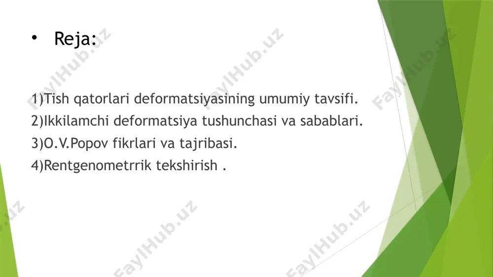 hlarning funksional zoʻrqishi: a)tishlarning vertikal ogʻishi natijasida va б)tishlarning vertikal-distal ogʻishi natijasida. tish qatorlari deformatsiyasi kattalarga kattalarga qaraganda,bollarda tezroq rivojlanadi.tishlarning siljishi oʻtgan vaqtga bogʻliq-tish olib tashlangan lahzadan boshlab,qancha koʻp vaqt oʻtsa,siljish shuncha koʻproq aks etadi.shu sababli oʻta chuqur deformatsiyalar tishlarini ancha ilgari yoʻqotgan va protezlardan foydalanilmagan katta yoshdagilarda uchraydi. a)chaynov tishlarning konvergensiyasi natijasida tishlar orasida oʻta mahkam chipslashuvi;2)vertikal surilgan tishning qoʻshni tishlar bn siqilib qolishi. rentgenometrik tekshirishlar shuni koʻrsatadiki ,tish qatorlari deformatsiyasi yuzning barcha gnatik boʻlimlarini egallagan jagʻ holatining oʻzgarishi,kurak tishlarning yopilish chuqurligi pastki jagʻning distal surilishi va boshqa oʻzgarishlar alveolyar qismdan tashqariga chiqadi. rentgenogramma chizmasi:soʻrilgan tishlarning qattiq toʻqimasini charxlashni moʻljallash chiziqlari. xulosa deformatsiyalar chaynash, gapirish va yuz estetikasi bilan bog‘liq muammolarni keltirib chiqarishi mumkin, bu esa insonning hayot sifatiga salbiy ta’sir qiladi. shuning uchun, o‘z vaqtida tashxis qo‘yish va davolash muhimdir. ortodontik davolash, protezlash va jarrohlik usullari orqali deformatsiyalar muvaffaqiyatli tuzatilishi mumkin. foydalanilgan adabiyotlar x.i. irsaliyev m.v.bekmetov internet malumotlari …
