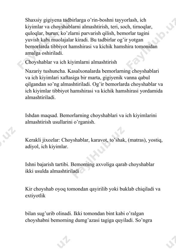 nazariy tushuncha. og’ir yotgan bemorlarning organizmi zaiflashib qoladi. ularning og’iz bo’shlig’iga mikroorganizmlar yig’iladi, bu esa og’iz bo’shlig’ida badbo’y xid hosil qiladi. natijada og’iz bo’shlig’ining shilliq qavati yalig’lanish kasalligi-stomatitlar kelib chiqadi. shuning uchun ham og’ir yotgan bemorning og’iz bo’shlig’ini muntazam parvarish qilish zarur. yuradigan bemorlar har kuni ovqatdan keyin ertalab va kechqurun tishlarini tish pastasi va cho’tkasi yordamida yuviladi. og’iz bo’shlig’ini kuchsiz namakop yoki kaliy permanganatning kuchsiz eritmasi bilan chayadilar. og’ir axvoldagi bemorlarning og’iz bo’shlig’ini tibbiyot hamshirasi har safar ovqatdan keyin chayib qo’yishi kerak. zaruriyat bo’lganda vrach kursatmasi bilan og’iz bo’shlig’iga dori-darmonlar yordamida ta’sir ko’rsatish muolajasi (applikatsiya yo chayish)ni bajaradilar. applikatsiya asosan og’iz bo’shlig’i shilliq pardasi yalig’lanishi (stomatit) kasalligida qo’llaniladi. ba’zi bemorlarda lab quriydi, og’iz burchaklari yoriladi, og’izni ochganda og’riqka sabab bo’ladi. bemor axvolini yaxshilash uchun suvga xullangan doka bosiladi. biror xil doridan surtib qo’yiladi. agar tish protezlari bo’lsa, kechqurun olib sovunlab yuvib quruq qilib artib quyiladi. ertalab yana yuvib keyin …
