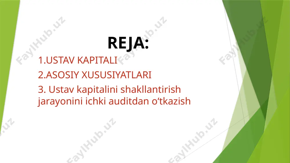 sh: shakllantirilgan kapitalning mamlakat qonunlariga mos kelishini tasdiqlash. 3. moliyaviy hisobotlarning ishonchliligini tekshirish: ustav kapitalining moliyaviy hisobotlarda to‘g‘ri aks ettirilishini nazorat qilish. 4. korxona manfaatdor tomonlarining huquqlarini himoya qilish: aksiyadorlar va kreditorlarning huquqlariga rioya qilinishini ta’minlash. ichki auditning asosiy bosqichlari 1. tayyorlanish bosqichi audit rejasi tuzish: ustav kapitalini shakllantirish jarayonida qaysi yo‘nalishlar tekshirilishini belgilab olish. audit jamoasini shakllantirish: tajribali auditorlarni jalb qilish va vazifalarni taqsimlash. 2. ma’lumotlarni yig‘ish ta'sis hujjatlari tahlili: kompaniyaning ustav kapitalini shakllantirishga oid barcha hujjatlar, jumladan, ta’sis shartnomasi va nizomni tekshirish. qo‘yilgan hissalar haqida ma’lumotlar: aksiyadorlar yoki ta’sischilar tomonidan qo‘yilgan mablag‘lar va aktivlarning ro‘yxatini olish. 3. qo‘yilgan hissalarning baholanishi moliyaviy aktivlar: pul mablag‘lari, qimmatbaho qog‘ozlar va boshqalar to‘g‘ri baholanganmi va ustav kapitaliga kiritilganmi? moddiy va nomoddiy aktivlar: ularning qiymati va ularning kapitalga qo‘shilishi qonuniy hujjatlar bilan tasdiqlanganmi? 4. hisob-kitoblar va balansni tekshirish kompaniyaning moliyaviy hisobotlarida ustav kapitali to‘g‘ri aks ettirilganmi va bu hisob-kitoblar tashqi auditorlar yoki davlat …