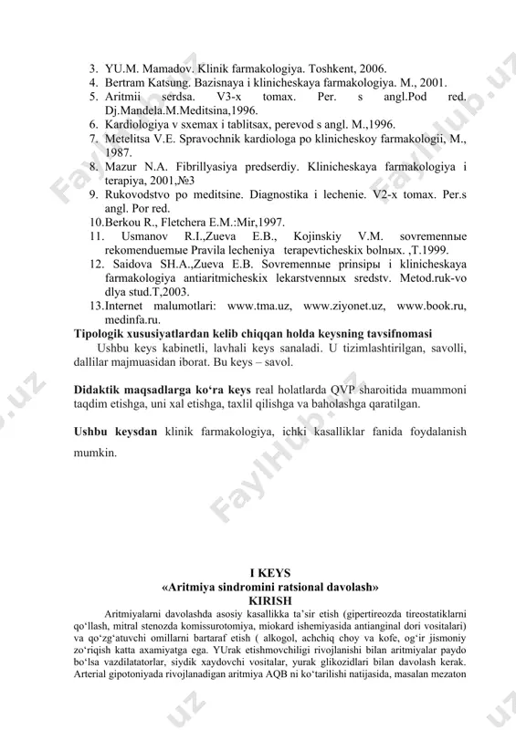 vojlanadigan aritmiya aqb ni ko‘tarilishi natijasida, masalan mezaton yuborgandan keyin yo‘qolishi mumkin. emotsional stress natijasida poydo bo‘lgan aritmiya sedativ vositalar bilan davolash natijasida yo‘qolishi mumkin, masalan mezaton yuborgandan so‘ng. dori vositasini tanlashda aritmiya turi va kelib chiqish mexanizmi, uning sababi, asosiy kasallikning og‘irlik darajasi, gemodinamik ko‘rsatkichlar buzilishlari borligi, antiaritmik vosita farmakokinetikasi va farmakodinamikasiga ta’sir etuvchi yondosh kasalliklar borligi, boshqa dori vositalari bilan o‘zaro ta’siri va nojo‘ya ta’sirlarini xisobga olish kerak. yurak ritmi va o‘tqazuvchanligi buzilishi klassifikatsiyasi (tasnifi) yurak ritmi va o‘tqazuvchanligi buzilishi klassifikatsiyasi ekg tekshiruvlar xulosasiga asoslangan bo‘lib, bir nechta turlari mavjud. bizning nazarimizda m.s. kushakovskiy va n.b. juravleva (1981) tomonidan taklif qilingan, v.v. murashko va a.v. strutinskiylar (1987) tamonidan takomillashtirilgan klassifikatsiya xar tomonlama mukammal bo‘lib, barcha ritm va o‘tqazuvchanlik buzilishlarini qamrab olgan. ushbu klassifikatsiyaga ko‘ra quyidagi ritm va o‘tqazuvchanlik buzilishlari tafovut etiladi: i. impuls xosil bo‘lishini buzilishi. a. st avtomatizmi buzilishi (normotop aritmiyalar) 1. sinusli taxikardiya 2. sinusli bradikardiya. …