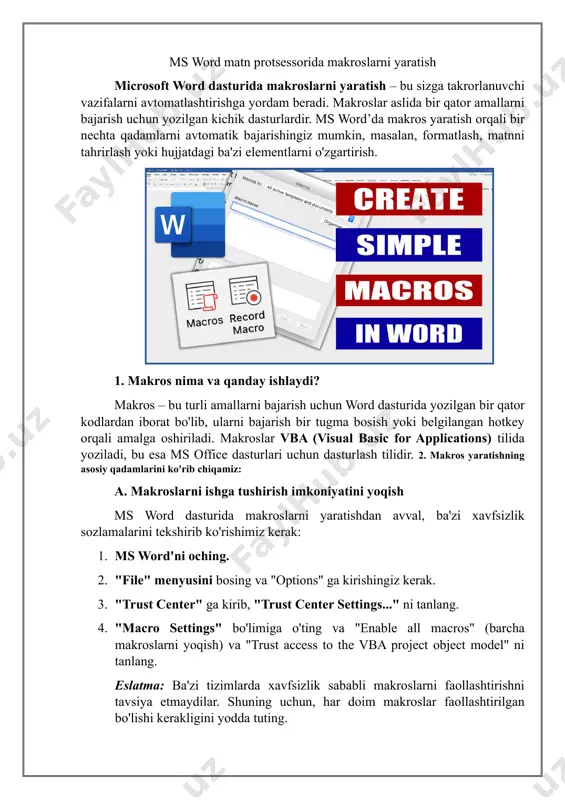 er ni belgilab qo'ying. 3. "developer" tabida "macros" tugmasini bosing. 4. makros nomini kiriting va create tugmasini bosing. bu sizni vba editorga olib boradi. 5. endi vba editorida, quyidagi kodni yozishingiz mumkin: sub examplemacro() selection.typetext text:="salom, bu makros tomonidan kiritilgan matn!" end sub bu misolda makros matnni kiritish vazifasini bajaradi. makrosni yaratganingizdan so'ng, save tugmasini bosing va close qilib chiqing. c. makrosni ishga tushurish: 1. developer tabida yoki view tabida macros tugmasini bosing. 2. yaratgan makros nomini tanlang va run tugmasini bosing. endi siz yozgan makros matnni avtomatik kiritishi kerak. d. makrosni tugmalarga yoki hotkey’ga bog'lash: 1. developer tabida "macros" tugmasini bosing. 2. yaratgan makrosni tanlang va options... tugmasini bosing. 3. bu yerda siz hotkey (masalan, ctrl+shift+m) belgilashingiz mumkin yoki tugma orqali makrosni ishlata olasiz. e. makroslarni saqlash: makrosli hujjatlarni saqlashda alohida e'tibor bering, chunki word faylini .docm kengaytmada saqlash kerak, chunki faqat .docm fayllar makroslarni o'z ichiga oladi. oddiy …