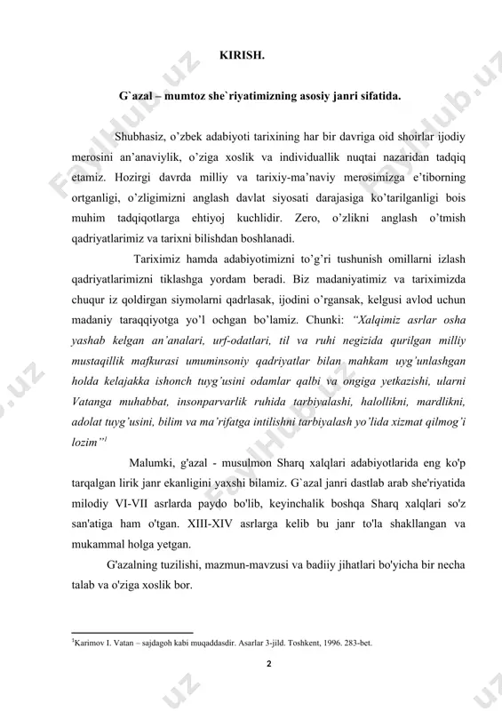 ma'no-mazmun jihatidan allohni maqtashga (hamd), muhammad payg'ambar(s. a. v.)ni ta'riflashga (na't) bag'ishlangan, rindona (may va mayxona bilan bog'liq tasvirlarga asoslangan), orifona (pand-nasihat ruhidagi), tabiat go'zalliklaridan zavqlanish asosidagi (peyzaj) va boshqa g'azallar ham yoziladi. shuning uchun shoirlar bu janr namunalarida odam va olam, tabiat va jamiyatning turli-tuman murakkab tomonlarini yoritishga harakat qilganlar. navoiy bobomiz va boshqa ko'p shoirlarimiz ijodida, asosan, bu janrning 7 va 9 baytli namunalariga duch kelamiz. shu miqdor eng mukammal hajm deb qabul qilinadi. bir g'azal boshdan-oxir bir vaznda bitiladi. garchi alisher navoiy bobomiz ijodlarida aruzning turli bahrlarida yozilgan g'azallar uchrasa ham, o'zbek shoirlari g'azallarining ko'pchiligi, asosan, ramal, bir qismi esa hazaj bahrida bitilgan. boshqa bahrlarda juda kam yozilgan. g'azal baytlari - nisbiy ma'noda mustaqillikka ega. ya'ni har bir bayt imkon qadar til talablari bo'yicha tugallangan alohida jumladan iborat bo'lishi, umumiy matndan yulib olib o'qiganda ham tugal ma'no-mazmunni anglatishi lozim. g'azallar, baytlar mustaqilligi, ya'ni qo'shmisralarning o'zaro bog'liqligi, mantiqiy …