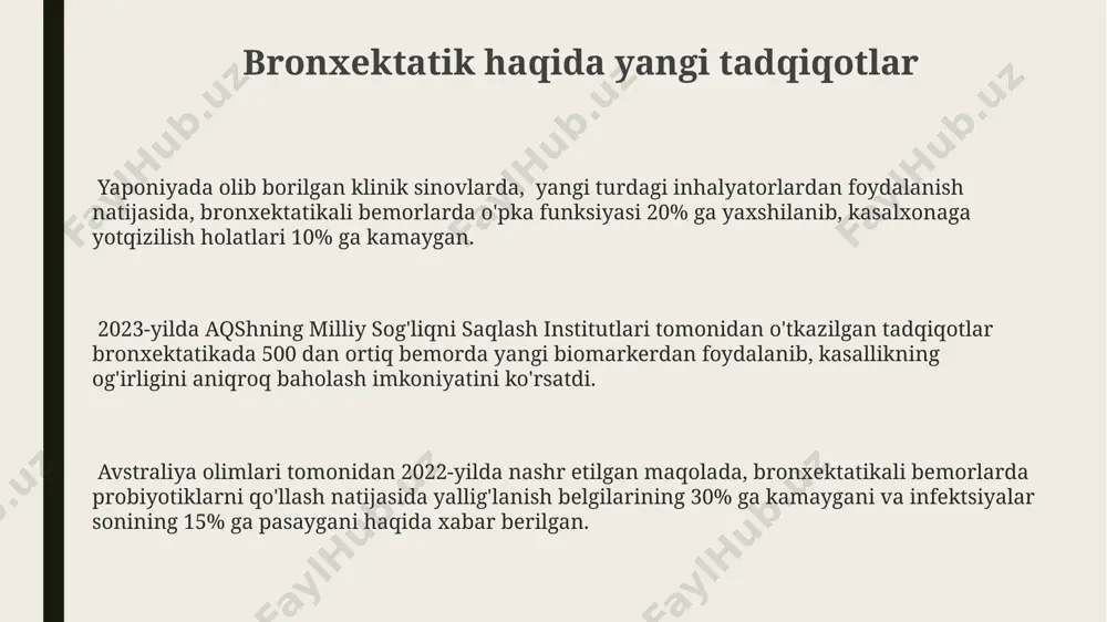 li bronxektatikning rivojlanish xavfini sezilarli darajada kamaytirish mumkin. bronxektatikni oldini olishda, ayniqsa, 5 yoshgacha bo'lgan bolalarda pnevmoniya kabi o'tkir respirator kasalliklarini o'z vaqtida va to'liq davolash juda muhim, chunki bu infektsiyalar bronxlarga jiddiy zarar yetkazishi mumkin. jahon sog'liqni saqlash tashkilotining ma'lumotlariga ko'ra, 2021 yilda dunyo bo'ylab 10 milliondan ortiq bronxektatik holatlar qayd etilgan bo'lib, bu kasallikning oldini olish uchun global miqyosda samarali choralar ko'rish zarurligini ko'rsatadi. bronxektatik belgilari bronxektatikada bemorlarning 70% gacha koʻp miqdordagi balgʻam ajralishi, ayniqsa, ertalab, toshkentdagi shifoxonalarda kuzatiladi. quruq yo'tal, ba'zan qon aralash balg'am bilan birga keladi va andijonda yashovchi 50 yoshdan oshgan odamlarda bronxektatikning dastlabki alomatlaridan biri boʻlishi mumkin. oʻpka tovushli nafas olish va xis-xislash ovozlari, 20 dan ortiq yoshdagi bemorlarda samarqand viloyatida keng tarqalgan bronxektatik belgisi hisoblanadi. bronxektatik asoratlari bronxektaziya bilan kasallangan bemorlarda, yiliga 2-3 martadan ko'proq, o'tkir respirator kasalliklarining kuchayishi kuzatiladi, bu esa kasallikning og'irlashuviga va kasalxonaga yotqizish ehtimoliga olib kelishi mumkin. bronxektaziyaning asoratlari …