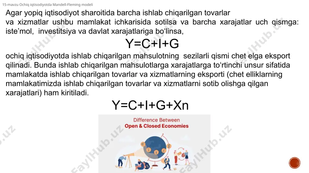 gi mandell – fleming modelining chizmasi r y r=r* lm is kichik darajali ochiq iqtisodiyotda is egri chizig’ining holati almashtirish kursi darajasiga bog’liq. kurs darajasi shunday o’zgaradiki is egri chizig’i lm egri chizig’i va jahon foiz stavkasining r* gorizontal chizig’ining kesish nuqtasidan o’tadi. 15-mavzu ochiq iqtisodiyotda mandell-fleming modeli y-e tizimidagi mandell – fleming modelining chizmasi e y lm is bu chizmada is tovar bozori va pul bozori lmning shunday muvozanatli holatlari aks ettirilganki, bunda ichki foiz stavkasi jahon foiz stavkasiga doim teng bo’ladi. chizma daromadning va almashtirish kursining muvozanatli miqdorlarni belgilaydi. lm egri chizig’i vertikal ko’rinishga ega, chunki almashtirish kursi lm tenglamasiga kirmaydi. 15-mavzu ochiq iqtisodiyotda mandell-fleming modeli 15-mavzu ochiq iqtisodiyotda mandell-fleming modeli bunday holat chet el investorlarini mamlakat iqtisodiyotiga kapital olib kelishiga rag’batlantiradi. bu ichki valyuta kursining oshishiga va is egri chizig’ining chapga siljishiga olib keladi. bunday holat mamlakat investorlarini kapital olib chiqib ketishiga rag’batlantiradi. bu ichki valyuta kursining …
