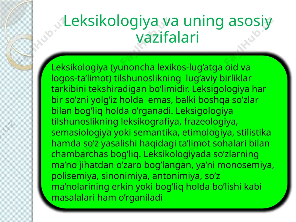 liga ko‘ra sinonimlar, antonimlar esa o‘zaro mazmun uzviyligi yoki zidligiga ko‘ra alohida guruhga mansub bo‘ladi. bir ma’nolilik va ko’p ma’nolilik so’zlar bir ma’noli yoki ko’p ma’noli bo’ladi. bir ma’nolilik hodisasi monosemiya deyiladi. bir ma’noli so’zlar monosemantik so’zlar deyiladi. odam, chumchuq, ravish, tuya.. kabi so’zlar bir ma’nolidir. birdan ortiq (bir necha) ma’nolarda keladigan so’zlar ko’p ma’noli so’zlar deyiladi. ko’p ma’noli so’zlar polisemantik so’zlar deyiladi. ko’p ma’noli so’zlar omonim so’zlardan quyidagicha farqlanadi: ko’p ma’noli so’z bir so’zning bir necha ko’chma ma’noda kelishidir. omonim esa bir xil shaklga ega bo’lgan birdan ortiq (bir necha) so’zdir. masalan, o’t (olov), o’t (o’simlik), o’t (harakat), o’t (inson a’zosi). ko’p ma’noli so’zning ma’nolari o’rtasida bog’lanish seziladi. omonim so’zlar ma’nolari o’rtasida yaqinlik sezilmaydi. yangi so’zlar tilda yangi paydo bo’lgan va yangilik belgisi (bo’yog’i) sezilib turadigan so’zlar neologizmlar deyiladi: bakalavr, magistr, litsey, kollej. o’zbek tili lug’at tarkibidagi eski va yangi so’zlar nofaol so’zlar deb, zamonaviy qatlam so’zlari esa faol …
